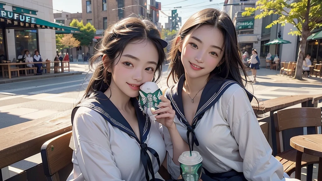 8K、RAW Photos、Highest quality、Super detailed、Super Resolution、Ultra HD、8K壁紙、Amazing details
(((Starbucks outdoor cafe、16 year old high school girl in sailor suit)))、Eat cake、Drink coffee、smile、Heart Necklace((Emphasize cleavage))
(Full body photo)
