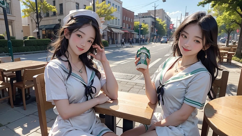 8K、RAW Photos、Highest quality、Super detailed、Super Resolution、Ultra HD、8K壁紙、Amazing details
(((Starbucks outdoor cafe、16 year old high school girl in sailor suit)))、Eat cake、Drink coffee、smile、Heart Necklace((Emphasize cleavage))
(Full body photo)
