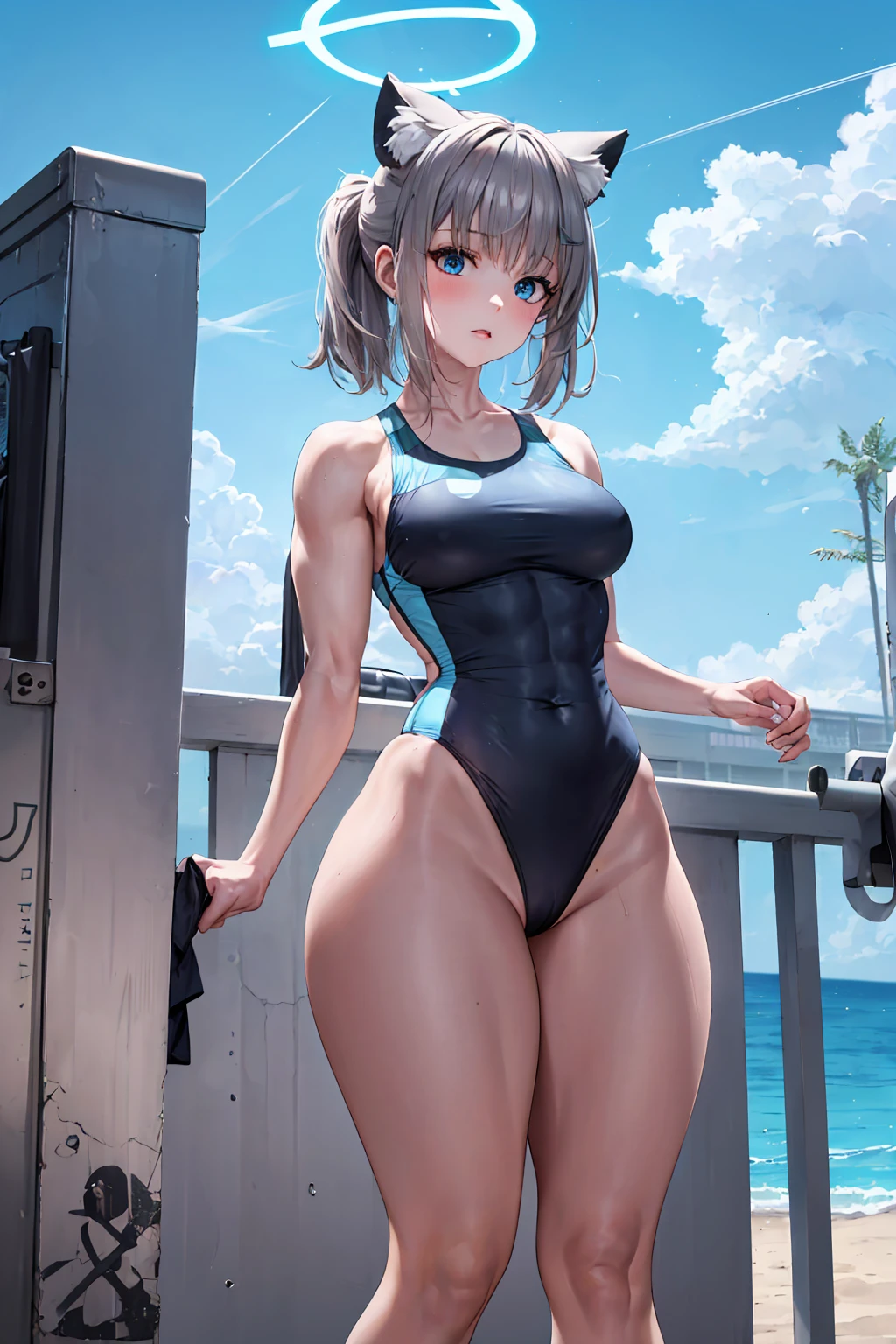 masterpiece,best quality,best resolusion,1 girl, ,shiroko character,detailed,conjoined twins,has two wolf ears on top of the head, has a round blue circle of light,short silver hair,blue hair ornament,blue eyes,wearing a tight dark blue women's swimsuit,normal breasts,beach background,beautiful face,beautiful eyes,beautiful body,beautiful hand,beautiful hair, (running:1.4), (jogging:1.4), (wide hips:1.8), (thick thighs:1.8), (extremely muscular:1.9)