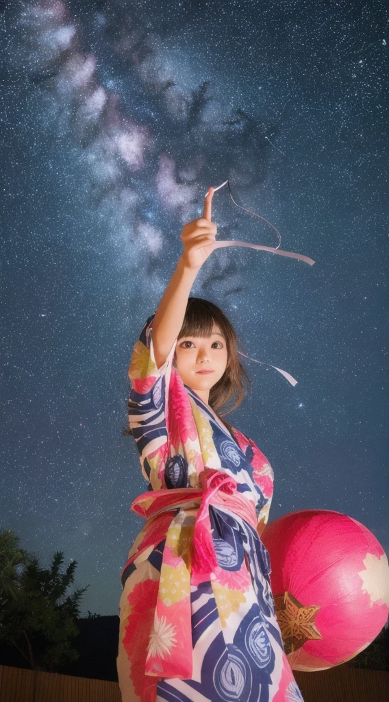 Milky Way in the night sky、Tanabata decoration、colorful strips of paper、A super cute Japanese girl in a watermelon-patterned yukata gazing at the night sky