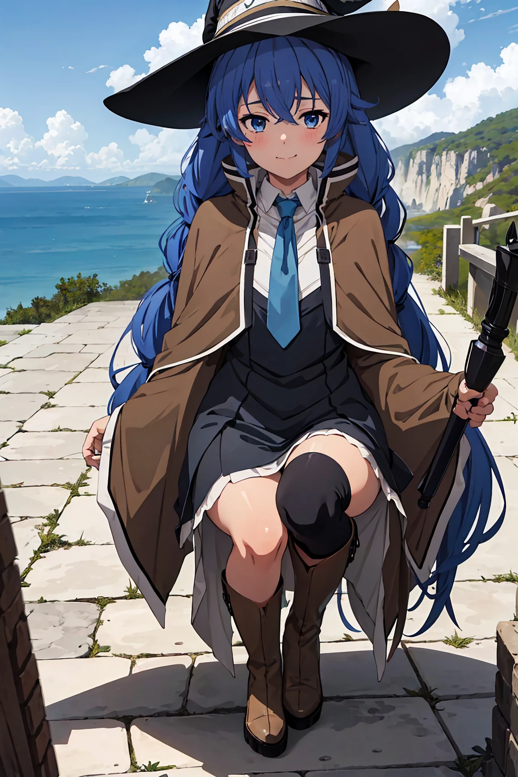 (Highest quality:1.5, High resolution, 超High resolution, 4K, Detailed lighting, Shaders)One Girl, Roxy Migurdia, witch Hat, blue eyes, Blue Hair, Twin Blade, Twin tails, (Brown coat:1.1), Cape, Robe, Braided Ponytail, Knee Boots, witch, Holding, , Black socks, ヘアribbon, ribbon, View your audience, socks, smile, Mouth closed, plein air, sun,, (Tabletop:1.2), High resolution, Highest quality, 8K, Very very clear(((,Squat Panty shot)))++ Beautiful legs1人, Roxy Migurdia, witch Hat, blue eyes, Blue Hair, Twin Blade, Twin tails, (Brown coat:1.1), Cape, Robe, Braided Ponytail, Knee Boots, witch, Holding, , Black socks, ヘアribbon, ribbon, View your audience, socks, smile, Mouth closed, plein air, sun,, (Tabletop:1.2), High resolution, Highest quality, 8K, Very very clear Beautiful legs ((((topless))))++ blush