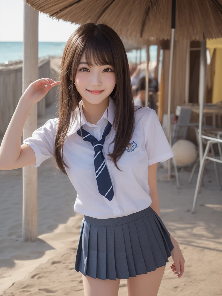 (1girl), kawaii, (round eyes:1.2), (highly detailed face and eyes), (big smile),  Amazing face and eyes, (school uniform, pleated mini skirt:1.3), (Best Quality:1.4), (Ultra-detailed), (extremely detailed CG unified 8k wallpaper), Highly detailed, High-definition raw color photos, Professional Photography, Realistic portrait, summer, (beach), (fine face:1.2),