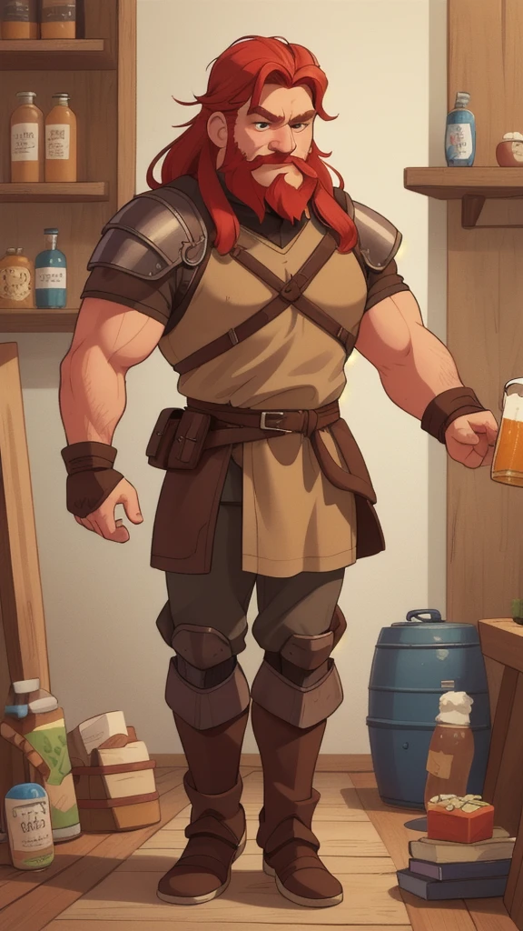 Ingólfr Einarr is a 40-year-old red-haired Viking man with a full and long beard, extroverted, muscular and very attractive, who wears his imposing medieval armor. hyper detailed and super realistic. cartoon style. Ingólfr Einarr is celebrating with a wooden jar of beer