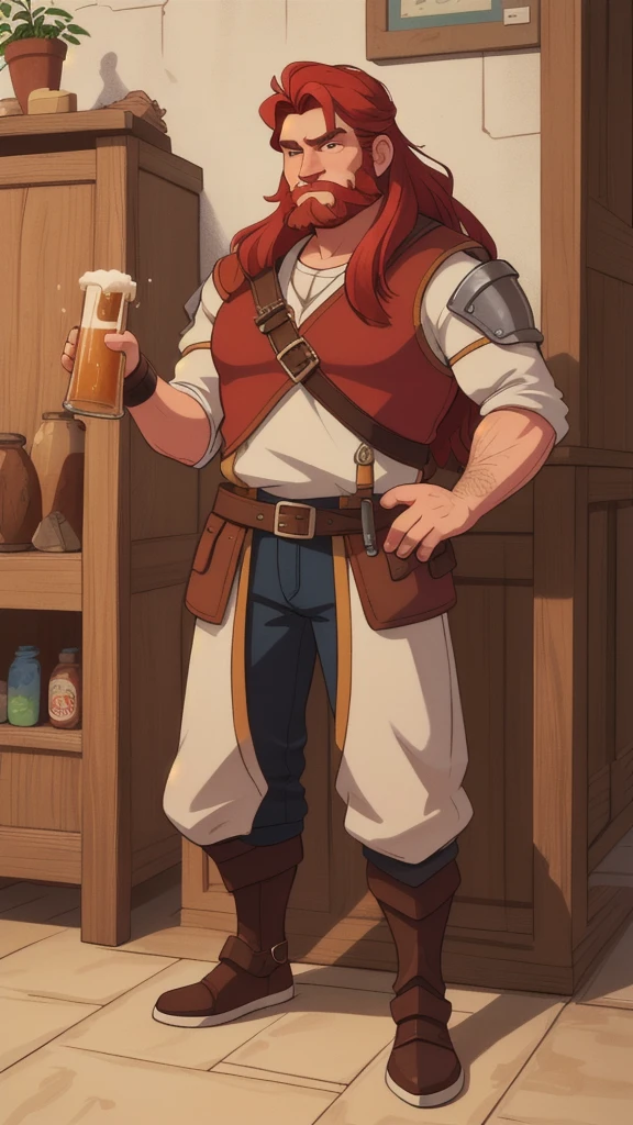 Ingólfr Einarr is a 40-year-old red-haired Viking man with a full and long beard, extroverted, muscular and very attractive, who wears his imposing medieval armor. hyper detailed and super realistic. cartoon style. Ingólfr Einarr is celebrating with a wooden jar of beer