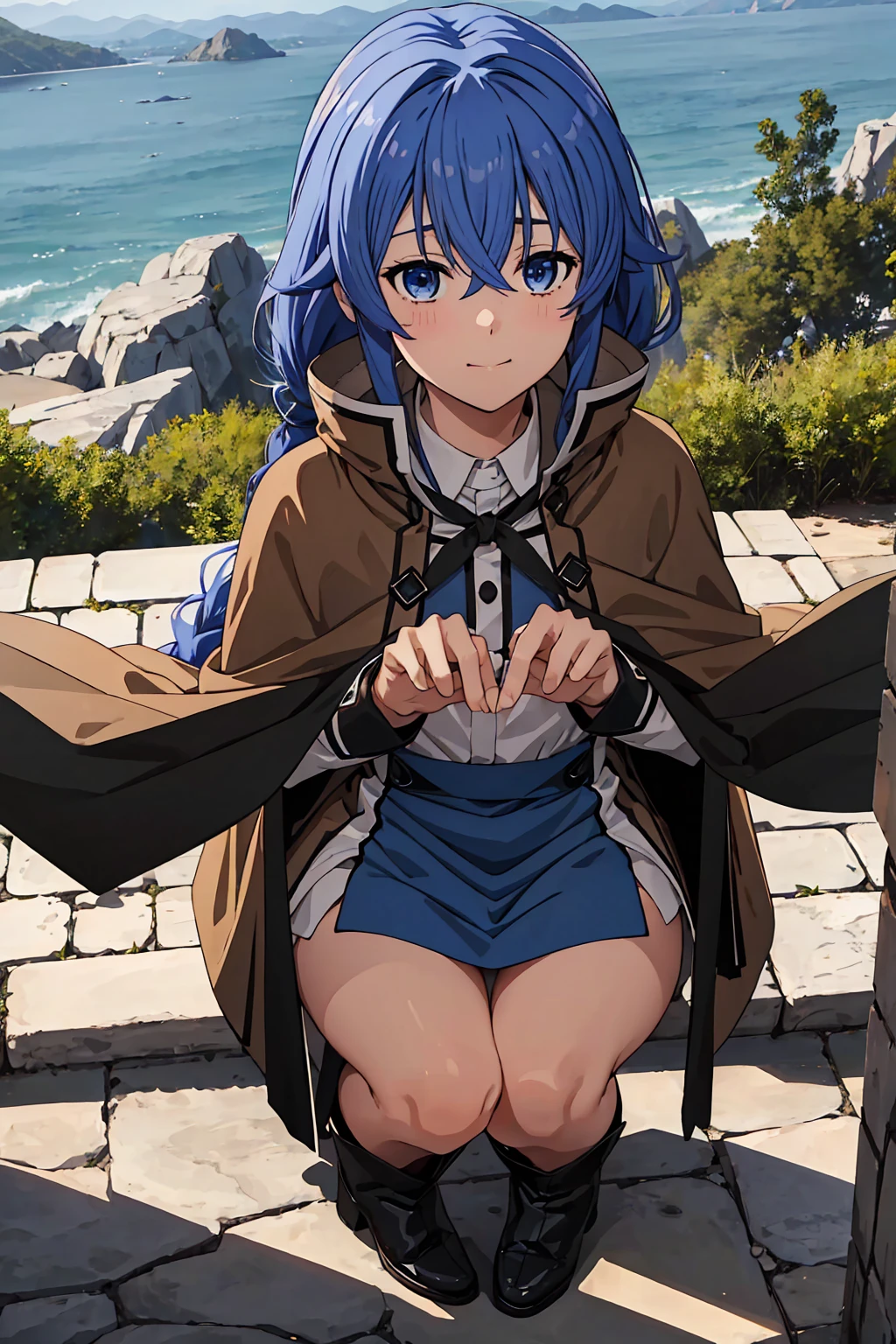 (Highest quality:1.5, High resolution, 超High resolution, 4K, Detailed lighting, Shaders)One Girl, Roxy Migurdia, witch Hat, blue eyes, Blue Hair, Twin Blade, Twin tails, (Brown coat:1.1), Cape, Robe, Braided Ponytail, Knee Boots, witch, Holding, , Black socks, ヘアribbon, ribbon, View your audience, socks, smile, Mouth closed, plein air, sun,, (Tabletop:1.2), High resolution, Highest quality, 8K, Very very clear(((,Squat Panty shot)))++ Beautiful legs1人, Roxy Migurdia, witch Hat, blue eyes, Blue Hair, Twin Blade, Twin tails, (Brown coat:1.1), Cape, Robe, Braided Ponytail, Knee Boots, witch, Holding, , Black socks, ヘアribbon, ribbon, View your audience, socks, smile, Mouth closed, plein air, sun,, (Tabletop:1.2), High resolution, Highest quality, 8K, Very very clear Beautiful legs ((((topless))))++ blush