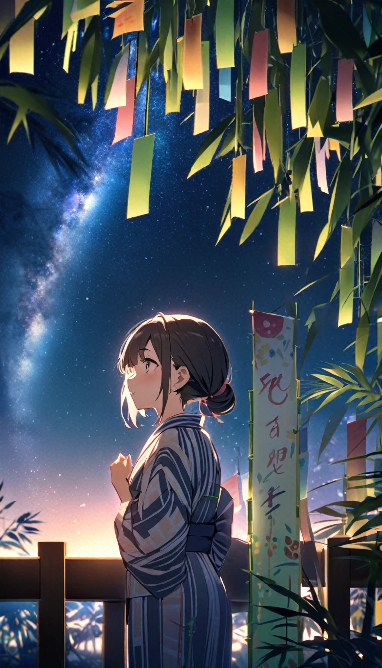 You can see the Milky Way in the night sky. There are also many bamboo decorations for Tanabata..
Rest Night town decorated with Tanabata bamboo、15-year-old girl、yukata,