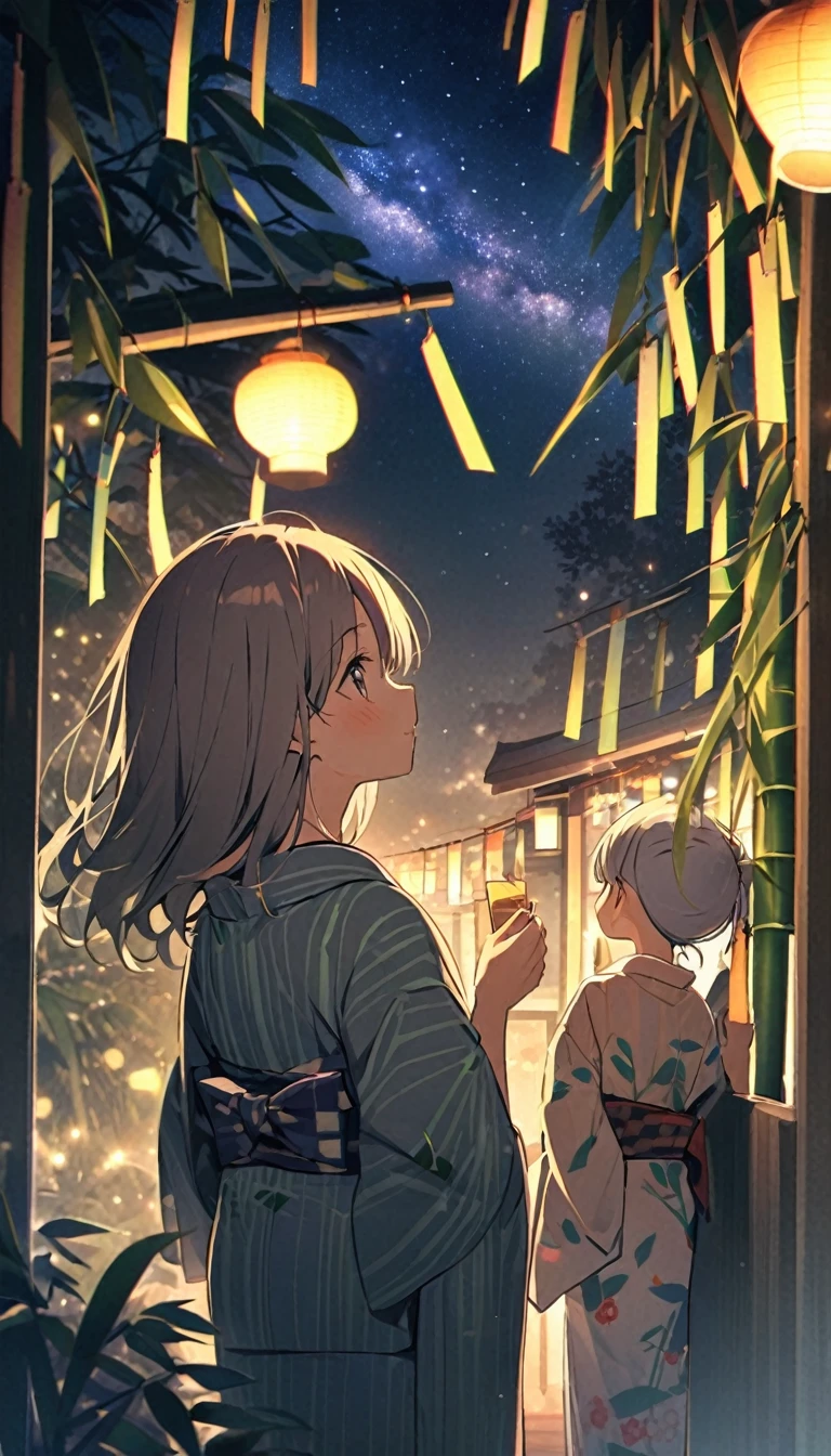You can see the Milky Way in the night sky. There are also many bamboo decorations for Tanabata..
Rest Night town decorated with Tanabata bamboo、、yukata, 