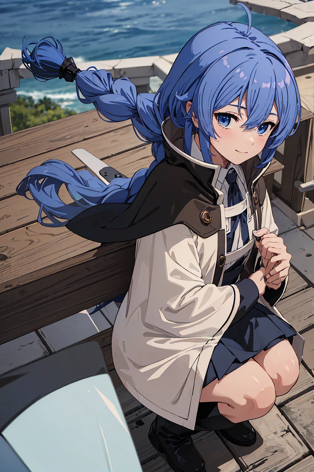 (Highest quality:1.5, High resolution, 超High resolution, 4K, Detailed lighting, Shaders)One Girl, Roxy Migurdia, witch Hat, blue eyes, Blue Hair, Twin Blade, Twin tails, (Brown coat:1.1), Cape, Robe, Braided Ponytail, Knee Boots, witch, Holding, , Black socks, ヘアribbon, ribbon, View your audience, socks, smile, Mouth closed, plein air, sun,, (Tabletop:1.2), High resolution, Highest quality, 8K, Very very clear(((,Squat　Panty shot)))++　　Beautiful legs1人, Roxy Migurdia, witch Hat, blue eyes, Blue Hair, Twin Blade, Twin tails, (Brown coat:1.1), Cape, Robe, Braided Ponytail, Knee Boots, witch, Holding, , Black socks, ヘアribbon, ribbon, View your audience, socks, smile, Mouth closed, plein air, sun,, (Tabletop:1.2), High resolution, Highest quality, 8K, Very very clear　　　Beautiful legs　((((topless))))++　blush