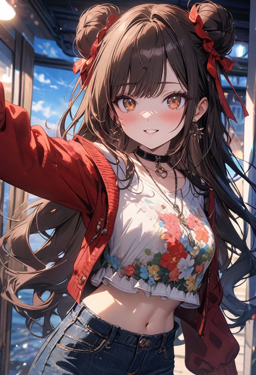 (masterpiece), best quality, very aesthetic, newest, absurdres, detailed, high quality
BREAK
highest quality, top quality, details, highres, ultra fine painting, digital art, official art, cinematic, 4k, 8k resolution, 8K CG wallpaper, CG, original artwork, detailed background, colorful background, blue atmosphere, High Dynamic Range, blurry background, blue hour, Starburst effects, crepuscular rays, good ISO, high resolution, wide shot, from far away, RAW photo, POV, sharp focus, light reflection, reflections, intricate details, soft light, particle noise, professional photography, bokeh, depth of field, natural lighting, vibrant colors, looking away, detailed lights and shadows, stylish, ultra-detailed, top rated on Pixiv, trending on Artstation, niji style, modern-days, master crafted, pose
BREAK
solo, close up, 1girl, pale skin, correct fingers, detailed hand, (breasts:1.2), big thighs, small torso, short body, flushtered, blush, anxious expression, embarassed, embarassed act, casual, slim, ((cute, childlike face):1.3), nice hips, nice body, brown hair, (very long flowing hair), (big 2 buns hairstyle)), long bangs, long hair, middle hair bangs, brown eyes
BREAK
(loose-fitting crop shirt, long sleeve, denim shorts, choker, casual wear style, modest, tummy skin, modern fashion)
BREAK
Hanging clothes, folded clothes, walls, changing room, wardrobe