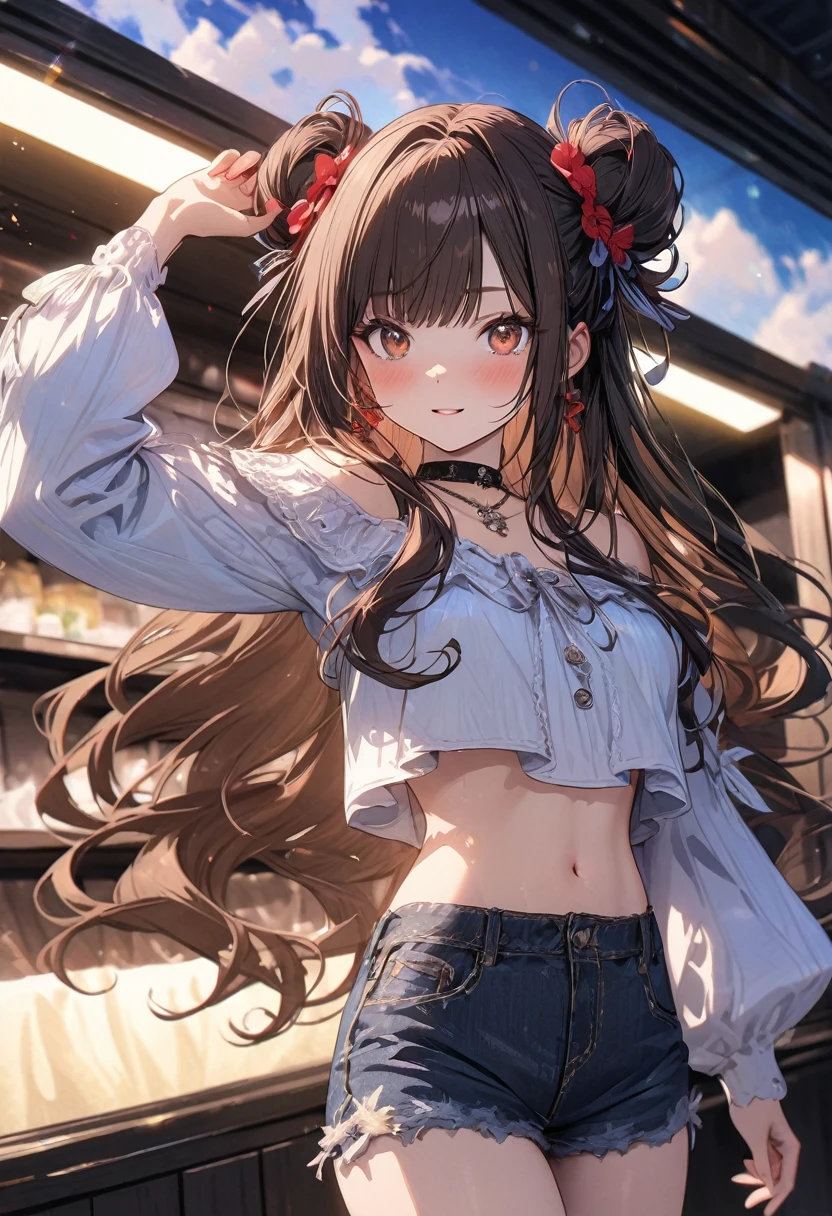 (masterpiece), best quality, very aesthetic, newest, absurdres, detailed, high quality
BREAK
highest quality, top quality, details, highres, ultra fine painting, digital art, official art, cinematic, 4k, 8k resolution, 8K CG wallpaper, CG, original artwork, detailed background, colorful background, blue atmosphere, High Dynamic Range, blurry background, blue hour, Starburst effects, crepuscular rays, good ISO, high resolution, wide shot, from far away, RAW photo, POV, sharp focus, light reflection, reflections, intricate details, soft light, particle noise, professional photography, bokeh, depth of field, natural lighting, vibrant colors, looking away, detailed lights and shadows, stylish, ultra-detailed, top rated on Pixiv, trending on Artstation, niji style, modern-days, master crafted, pose
BREAK
solo, close up, 1girl, pale skin, correct fingers, detailed hand, (breasts:1.2), big thighs, small torso, short body, flushtered, blush, anxious expression, embarassed, embarassed act, casual, slim, ((cute, childlike face):1.3), nice hips, nice body, brown hair, (very long flowing hair), (big 2 buns hairstyle)), long bangs, long hair, middle hair bangs, brown eyes
BREAK
(loose-fitting crop shirt, long sleeve, denim shorts, choker, casual wear style, modest, tummy skin, modern fashion)
BREAK
Hanging clothes, folded clothes, walls, changing room, wardrobe