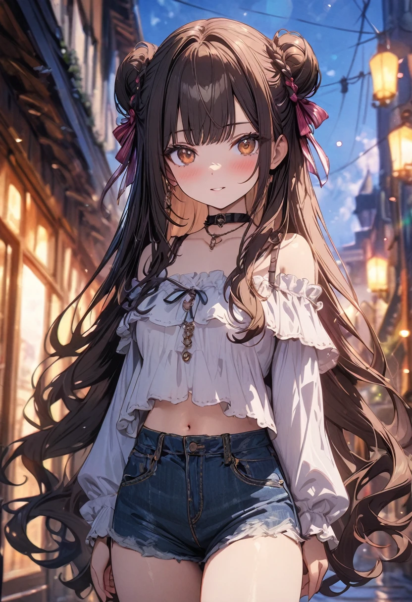 (masterpiece), best quality, very aesthetic, newest, absurdres, detailed, high quality
BREAK
highest quality, top quality, details, highres, ultra fine painting, digital art, official art, cinematic, 4k, 8k resolution, 8K CG wallpaper, CG, original artwork, detailed background, colorful background, blue atmosphere, High Dynamic Range, blurry background, blue hour, Starburst effects, crepuscular rays, good ISO, high resolution, wide shot, from far away, RAW photo, POV, sharp focus, light reflection, reflections, intricate details, soft light, particle noise, professional photography, bokeh, depth of field, natural lighting, vibrant colors, looking away, detailed lights and shadows, stylish, ultra-detailed, top rated on Pixiv, trending on Artstation, niji style, modern-days, master crafted, pose
BREAK
solo, close up, 1girl, pale skin, correct fingers, detailed hand, (breasts:1.2), big thighs, small torso, short body, flushtered, blush, anxious expression, embarassed, embarassed act, casual, slim, ((cute, childlike face):1.3), nice hips, nice body, brown hair, (very long flowing hair), (big 2 buns hairstyle)), long bangs, long hair, middle hair bangs, brown eyes
BREAK
(loose-fitting crop shirt, long sleeve, denim shorts, choker, casual wear style, modest, tummy skin, modern fashion)
BREAK
Hanging clothes, folded clothes, walls, changing room, wardrobe