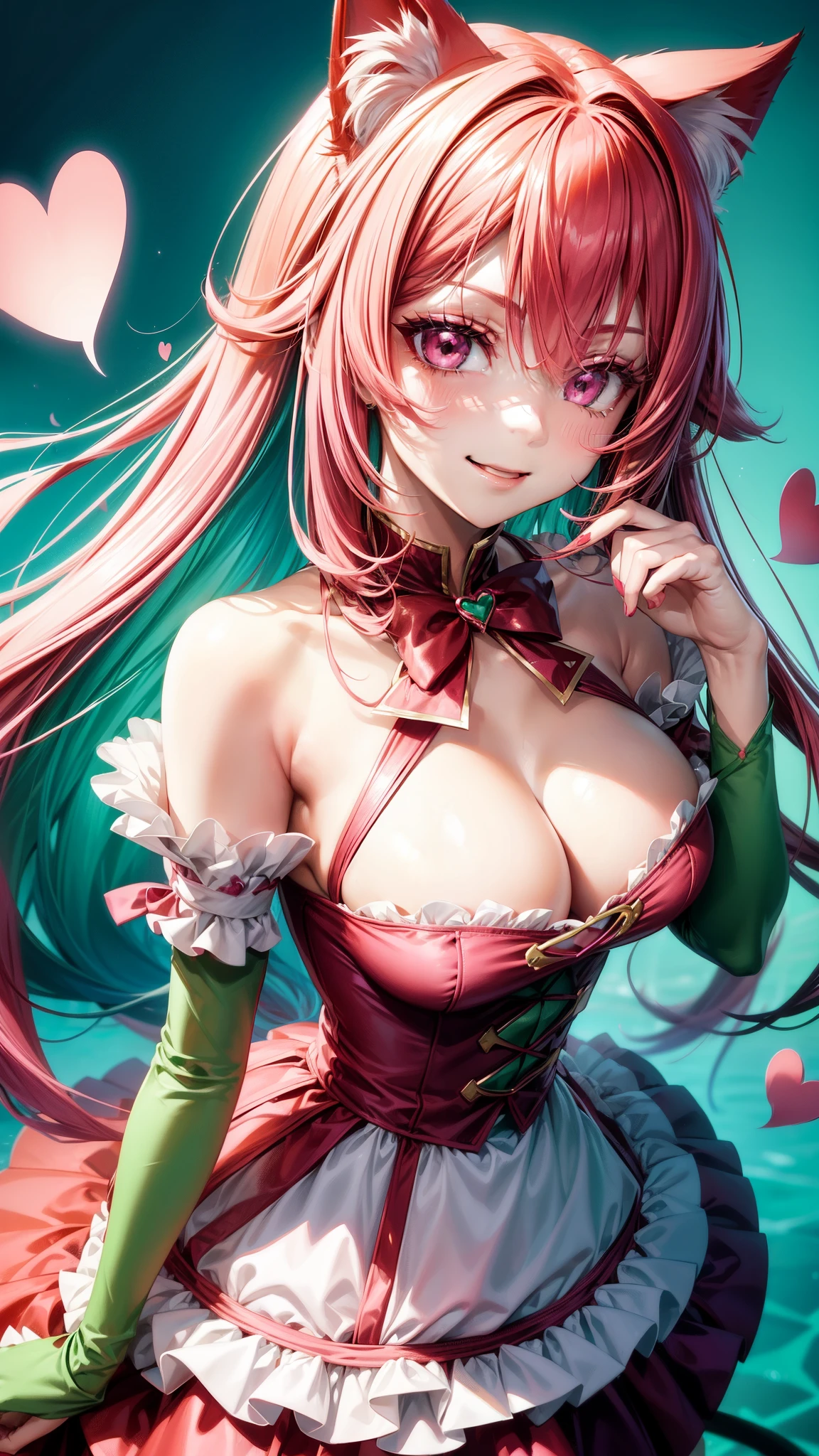 (( red Pink emerald green hair color)), pink eyes,sexy woman, cat ears, hearts, floating hearts, face only, long hair, smiling, hair ornament, up close face, closed mouth smile, up closeface, hair bows, sexy body