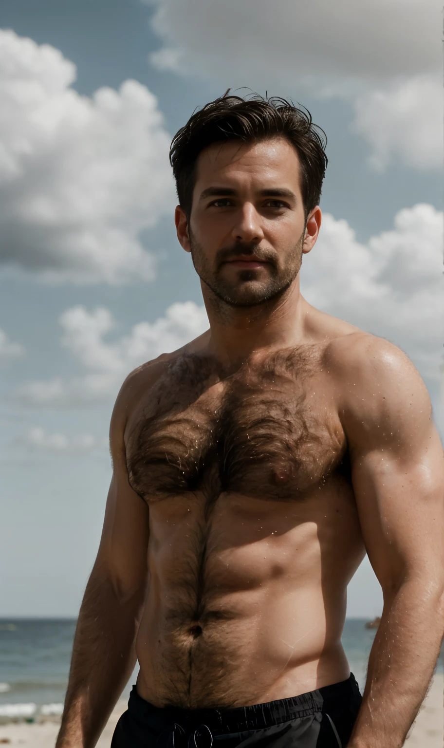 masterpiece, best quality, high resolution, closeup portrait, male focus, solo focus, A man, 40 years old, grey hair, in speedo, grey silver hair, messy hairstyle, cute and seductive face, old but attractive, bare chest, body hair, facial hair, pale skin, sun freckles, roman nose, very skinny body, hairy legs, cute, white chest hair, very hairy chest, dimples, scruffy beard, very hairy armpits, bold jawline , sweaty, in the background a beach on a cloudy day, view from below, amazing composition, front view, HDR, ultra quality, elegant, highly detailed