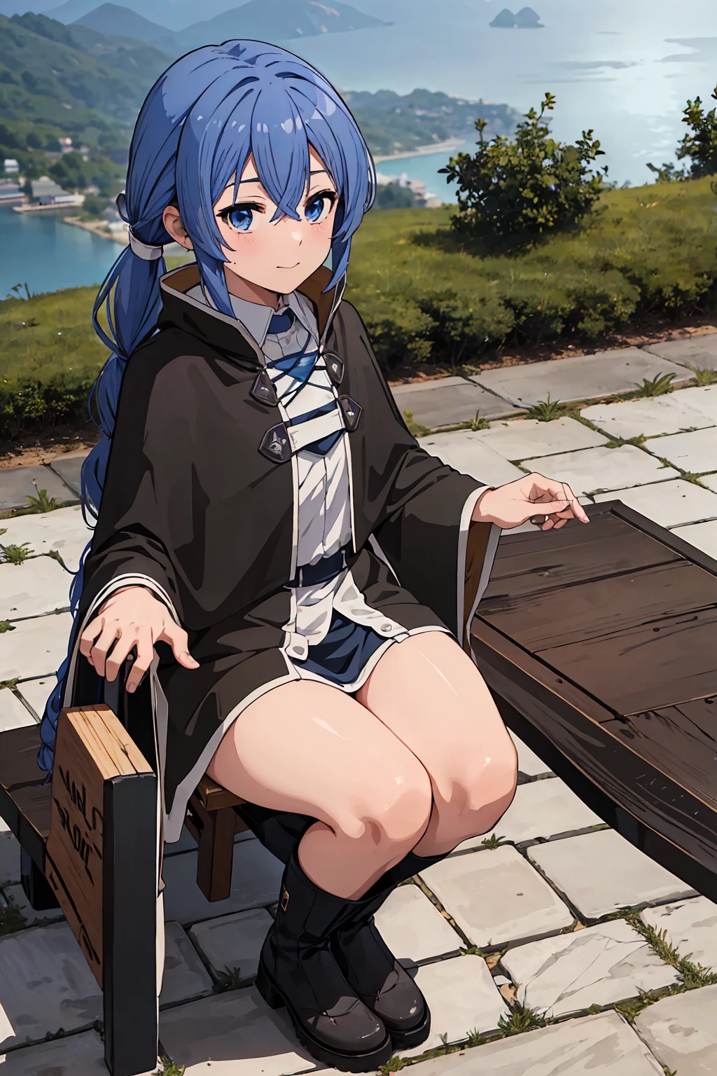 (Highest quality:1.5, High resolution, 超High resolution, 4K, Detailed lighting, Shaders)One Girl, Roxy Migurdia, witch Hat, blue eyes, Blue Hair, Twin Blade, Twin tails, (Brown coat:1.1), Cape, Robe, Braided Ponytail, Knee Boots, witch, Holding, , Black socks, ヘアribbon, ribbon, View your audience, socks, smile, Mouth closed, plein air, sun,, (Tabletop:1.2), High resolution, Highest quality, 8K, Very very clear(((,Squat Panty shot)))++ Beautiful legs1人, Roxy Migurdia, witch Hat, blue eyes, Blue Hair, Twin Blade, Twin tails, (Brown coat:1.1), Cape, Robe, Braided Ponytail, Knee Boots, witch, Holding, , Black socks, ヘアribbon, ribbon, View your audience, socks, smile, Mouth closed, plein air, sun,, (Tabletop:1.2), High resolution, Highest quality, 8K, Very very clear Beautiful legs ((((topless))))++ blush