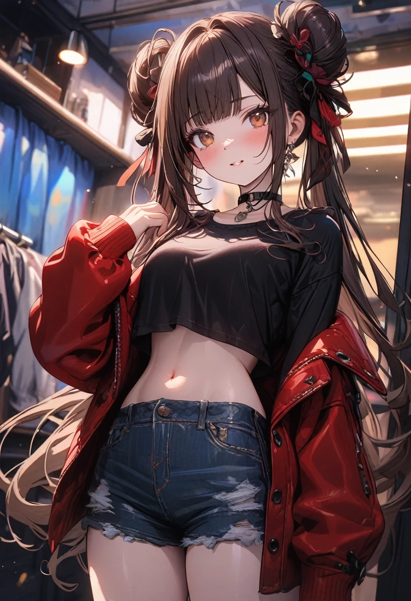 (masterpiece), best quality, very aesthetic, newest, absurdres, detailed, high quality
BREAK
highest quality, top quality, details, highres, ultra fine painting, digital art, official art, cinematic, 4k, 8k resolution, 8K CG wallpaper, CG, original artwork, detailed background, colorful background, blue atmosphere, High Dynamic Range, blurry background, blue hour, Starburst effects, crepuscular rays, good ISO, high resolution, wide shot, from far away, RAW photo, POV, sharp focus, light reflection, reflections, intricate details, soft light, particle noise, professional photography, bokeh, depth of field, natural lighting, vibrant colors, looking away, detailed lights and shadows, stylish, ultra-detailed, top rated on Pixiv, trending on Artstation, niji style, modern-days, master crafted, pose
BREAK
solo, close up, 1girl, pale skin, correct fingers, detailed hand, (breasts:1.2), big thighs, small torso, short body, flushtered, blush, anxious expression, embarassed, embarassed act, casual, slim, ((cute, childlike face):1.3), nice hips, nice body, brown hair, (very long flowing hair), (big 2 buns hairstyle)), long bangs, long hair, middle hair bangs, brown eyes
BREAK
(loose-fitting crop shirt, long sleeve, denim shorts, choker, casual wear style, modest, tummy skin, modern fashion)
BREAK
Hanging clothes, folded clothes, walls, changing room, wardrobe