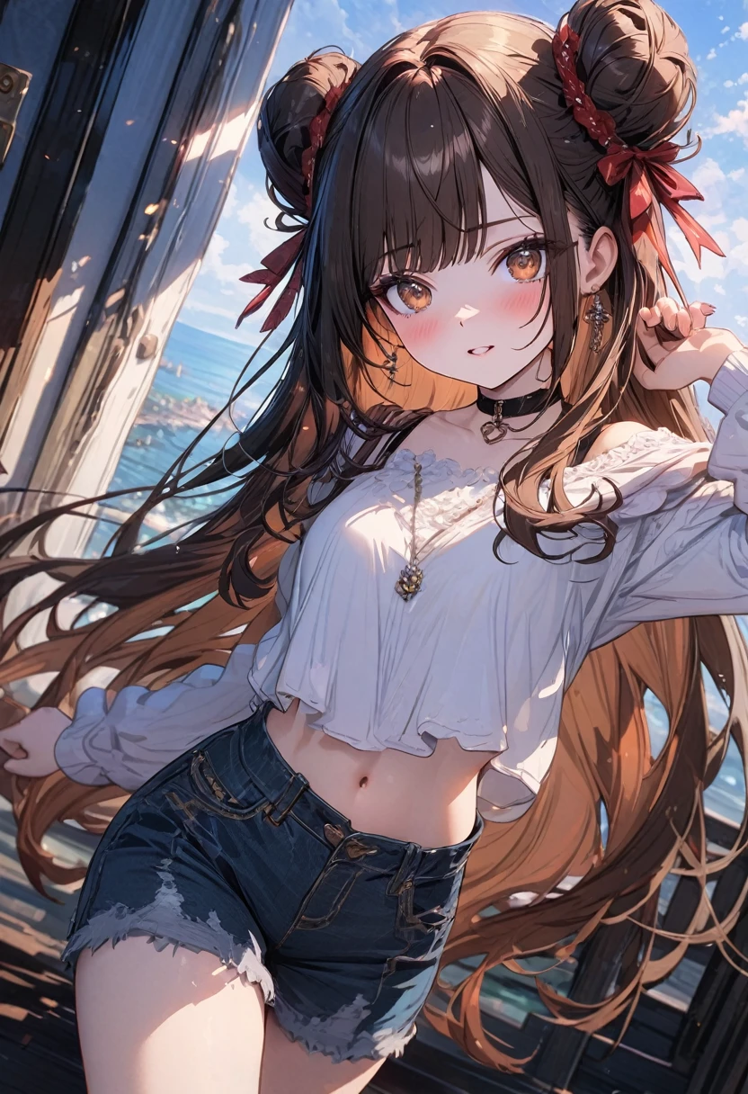 (masterpiece), best quality, very aesthetic, newest, absurdres, detailed, high quality
BREAK
highest quality, top quality, details, highres, ultra fine painting, digital art, official art, cinematic, 4k, 8k resolution, 8K CG wallpaper, CG, original artwork, detailed background, colorful background, blue atmosphere, High Dynamic Range, blurry background, blue hour, Starburst effects, crepuscular rays, good ISO, high resolution, wide shot, from far away, RAW photo, POV, sharp focus, light reflection, reflections, intricate details, soft light, particle noise, professional photography, bokeh, depth of field, natural lighting, vibrant colors, looking away, detailed lights and shadows, stylish, ultra-detailed, top rated on Pixiv, trending on Artstation, niji style, modern-days, master crafted, pose
BREAK
solo, close up, 1girl, pale skin, correct fingers, detailed hand, (breasts:1.2), big thighs, small torso, short body, flushtered, blush, anxious expression, embarassed, embarassed act, casual, slim, ((cute, childlike face):1.3), nice hips, nice body, brown hair, (very long flowing hair), (big 2 buns hairstyle)), long bangs, long hair, middle hair bangs, brown eyes
BREAK
(loose-fitting crop shirt, long sleeve, denim shorts, choker, casual wear style, modest, tummy skin, modern fashion) 
BREAK
Hanging clothes, folded clothes, walls, changing room, wardrobe