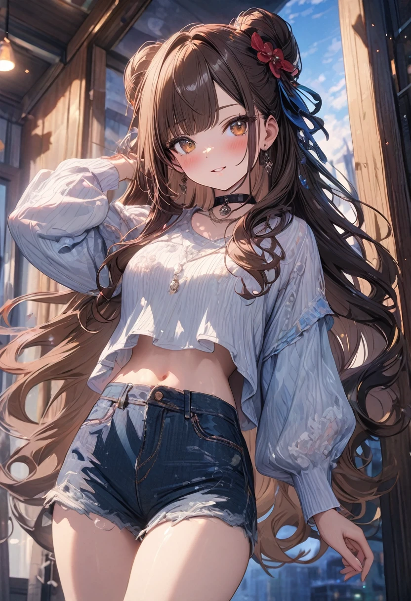 (masterpiece), best quality, very aesthetic, newest, absurdres, detailed, high quality
BREAK
highest quality, top quality, details, highres, ultra fine painting, digital art, official art, cinematic, 4k, 8k resolution, 8K CG wallpaper, CG, original artwork, detailed background, colorful background, blue atmosphere, High Dynamic Range, blurry background, blue hour, Starburst effects, crepuscular rays, good ISO, high resolution, wide shot, from far away, RAW photo, POV, sharp focus, light reflection, reflections, intricate details, soft light, particle noise, professional photography, bokeh, depth of field, natural lighting, vibrant colors, looking away, detailed lights and shadows, stylish, ultra-detailed, top rated on Pixiv, trending on Artstation, niji style, modern-days, master crafted, pose
BREAK
solo, close up, 1girl, pale skin, correct fingers, detailed hand, (breasts:1.2), big thighs, small torso, short body, flushtered, blush, anxious expression, embarassed, embarassed act, casual, slim, ((cute, childlike face):1.3), nice hips, nice body, brown hair, (very long flowing hair), (big 2 buns hairstyle)), long bangs, long hair, middle hair bangs, brown eyes
BREAK
(loose-fitting crop shirt, long sleeve, denim shorts, choker, casual wear style, modest, tummy skin, modern fashion)
BREAK
Hanging clothes, folded clothes, walls, changing room, wardrobe