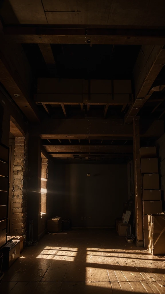 a dark basement filled with old boxes and furniture, a faint light illuminating the space, 1 person, highly detailed, cinematic lighting, dramatic shadows, warm color tones, photorealistic, (best quality,4k,8k,highres,masterpiece:1.2),ultra-detailed,(realistic,photorealistic,photo-realistic:1.37)