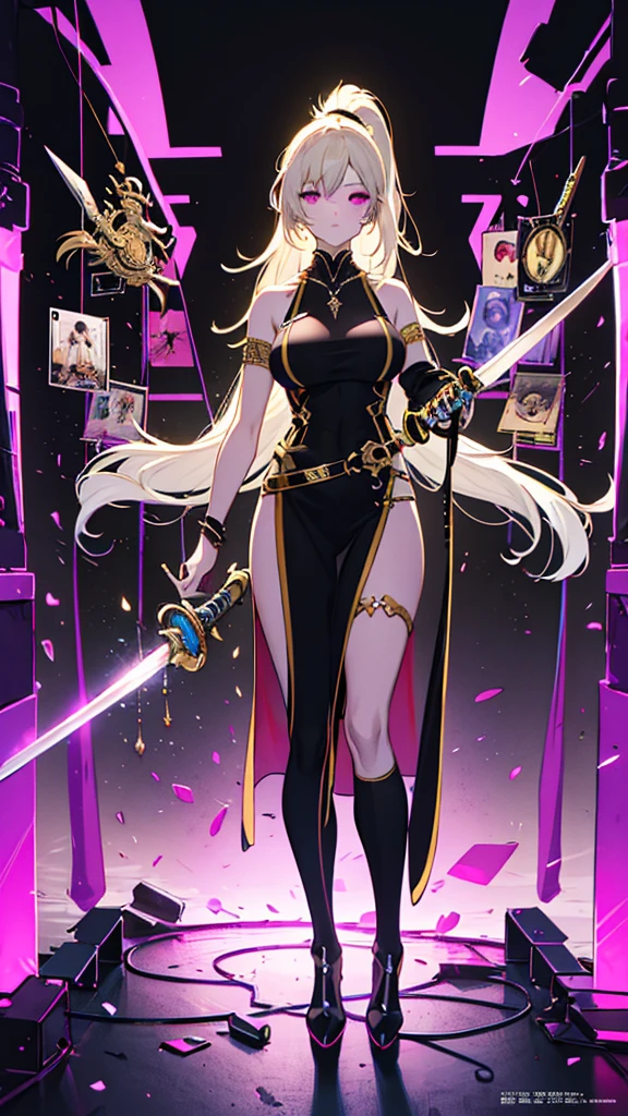 ( High quality , Ultra-detail, carefully with your hand )tarot card, chiaroscuro technique on sensual illustration of an queen of sword, a teenage fashion model wearing an exo-skeleton mask, vibrant colors, futuristic cyberpunk style, intricate details, cinematic lighting, dramatic pose, an elegant complex bio mechanical onyx and gold, intricate details, official art, unity 8k wallpaper, ultra detailed, beautiful and aesthetic, (in a room with black walls illuminated by violet neon lights :1.1)
