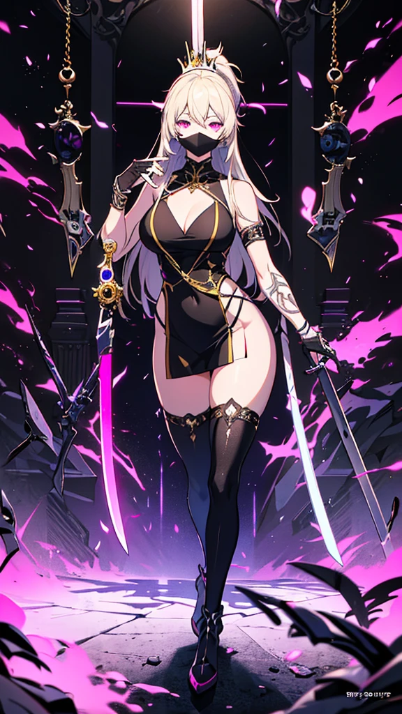 ( High quality , Ultra-detail, carefully with your hand )tarot card, chiaroscuro technique on sensual illustration of an queen of sword, a age fashion model wearing an exo-skeleton mask, vibrant colors, futuristic cyberpunk style, intricate details, cinematic lighting, dramatic pose, an elegant complex bio mechanical onyx and gold, intricate details, official art, unity 8k wallpaper, ultra detailed, beautiful and aesthetic, (in a room with black walls illuminated by violet neon lights :1.1)