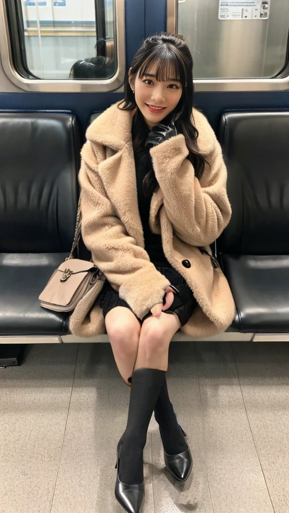 Wearing black leather gloves,Five fingers,Black pumps,Wearing short black socks
