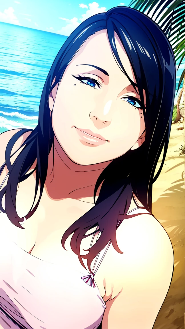 1girl with long black hair, detailed realistic face, beautiful detailed eyes, beautiful detailed lips, extremely detailed face, long eyelashes, woman standing on the beach, ocean waves, golden sunset sky, soft sand, tropical plants, photorealistic, 8k, high resolution, intricate details, cinematic lighting, vibrant colors, dramatic lighting, volumetric lighting, realistic skin textures, realistic clothing textures, hyper detailed, masterpiece