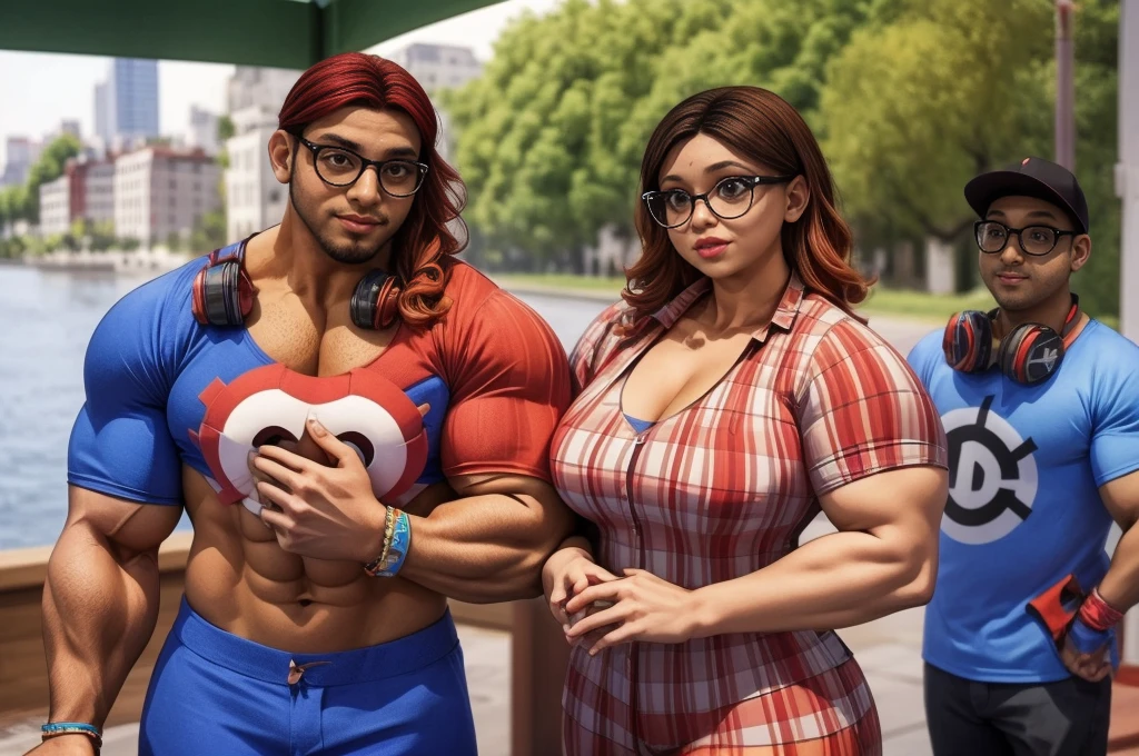 male Nino Lahiffe: Brown skin, dark hair, usually seen wearing a red cap, glasses,underwear, and a female Alya Césaire: Brown skin, curly dark brown hair, often wears glasses,bikini,muscular hyper-realistic bodybuilding couple, extremely detailed and muscular male and female bodybuilders, shredded physiques, highly defined abs, veins, bulging muscles, flexing, intense facial expressions, outdoor natural setting, dramatic lighting, cinematic composition, photorealistic, trending on artstation, 8k, high resolution, hyper-detailed