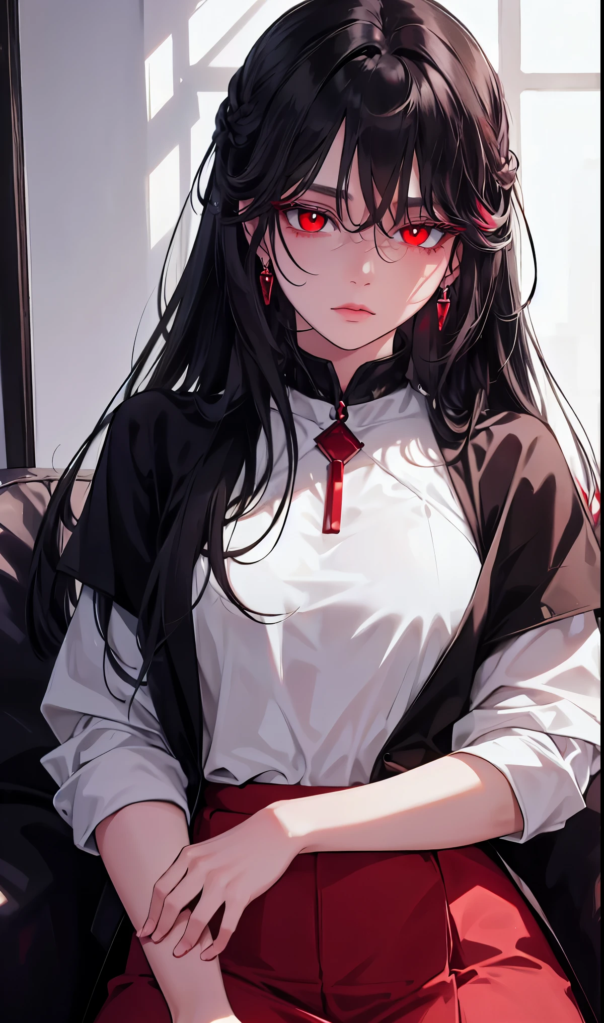 1girl, earrings, solo,lips, female focus, red eyes, looking at viewer, black hair, long hair, closed mouth