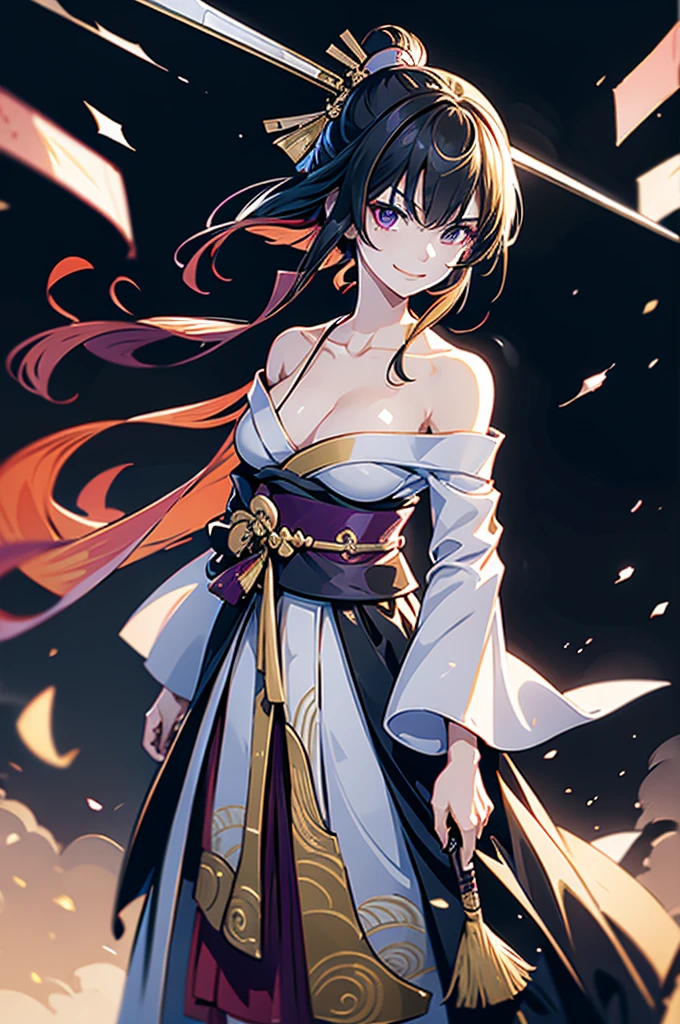 roll up bandage on a chest tightly to cover the chest without gaps under kimomo, Japanese Gangster BOSS, adult woman with the dignified presence, Killing Qi, wear the kimono, kimono come off ,wear the kimono multiple times, Bare shoulders and the clavicle, black and gold kimono, put on over jacket of kimono, holding a japanese sword which shine in purple, long sword, eye fire, low angle, whole body, bandage is seen, anime character, inappropriate smile, off sholder, nappropriate smile, Excellent