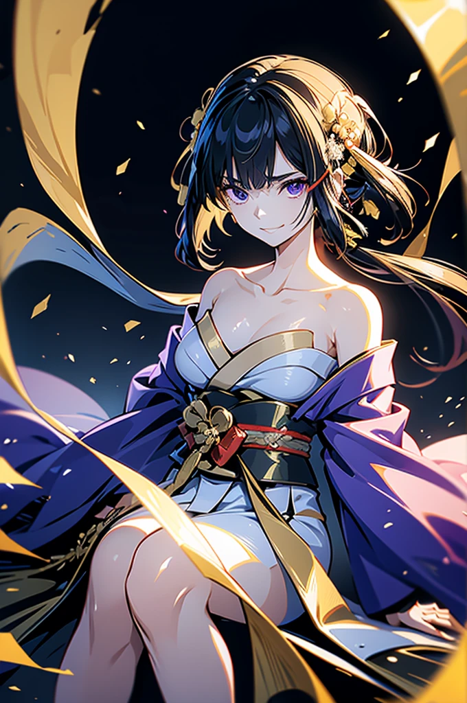 roll up bandage on a chest tightly to cover the chest without gaps under kimomo, Japanese Gangster BOSS, adult woman with the dignified presence, Killing Qi, wear the kimono, kimono come off ,wear the kimono multiple times, Bare shoulders and the clavicle, black and gold kimono, put on over jacket of kimono, holding a japanese sword which shine in purple, long sword, eye fire, low angle, whole body, bandage is seen, anime character, inappropriate smile, off sholder, nappropriate smile, Excellent