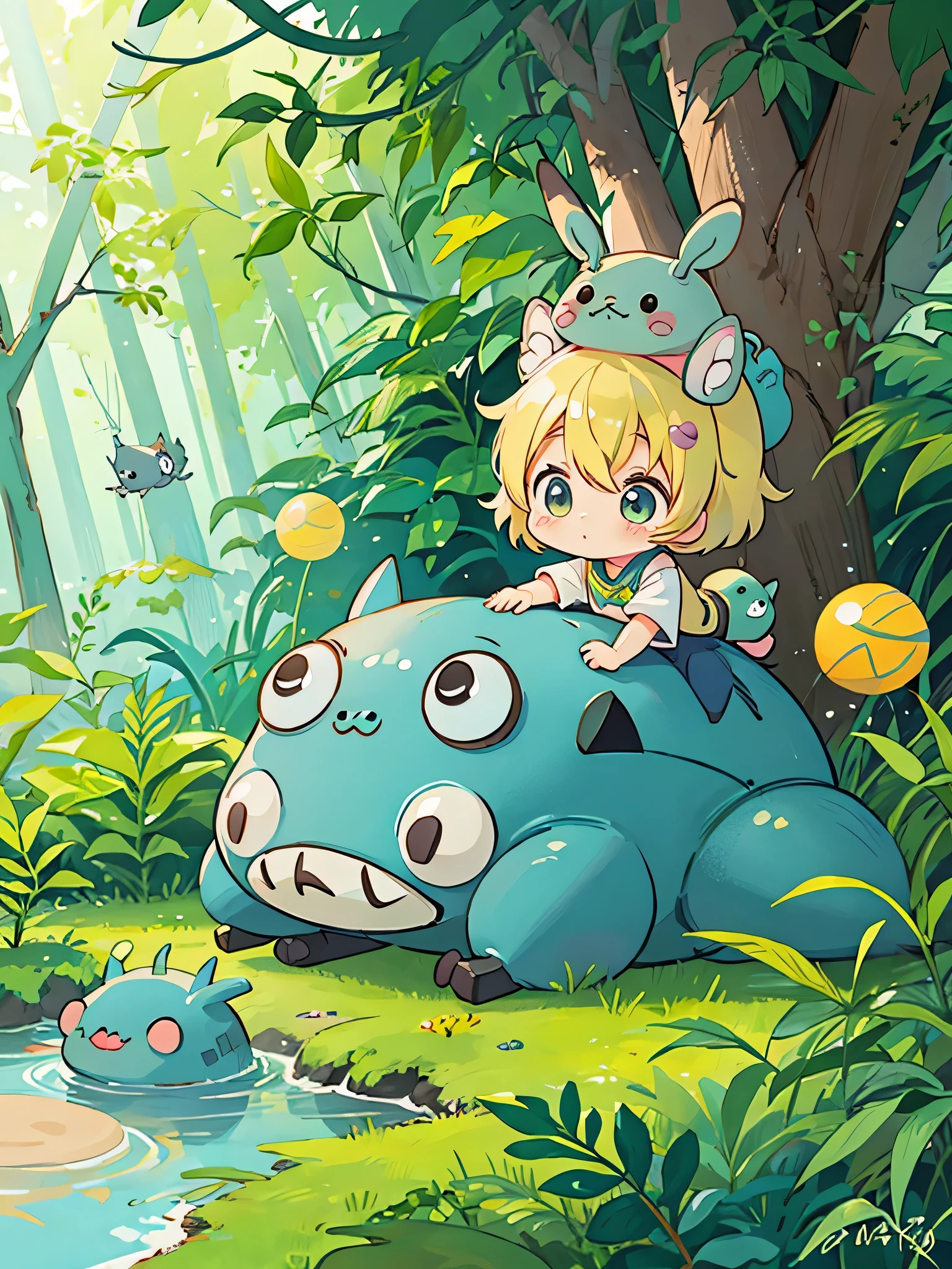 Mika Pikazo style, Kawaii Design, The most beautiful girl of all time、Chibi, Colorful and cute pillbugs, Totoro Forest