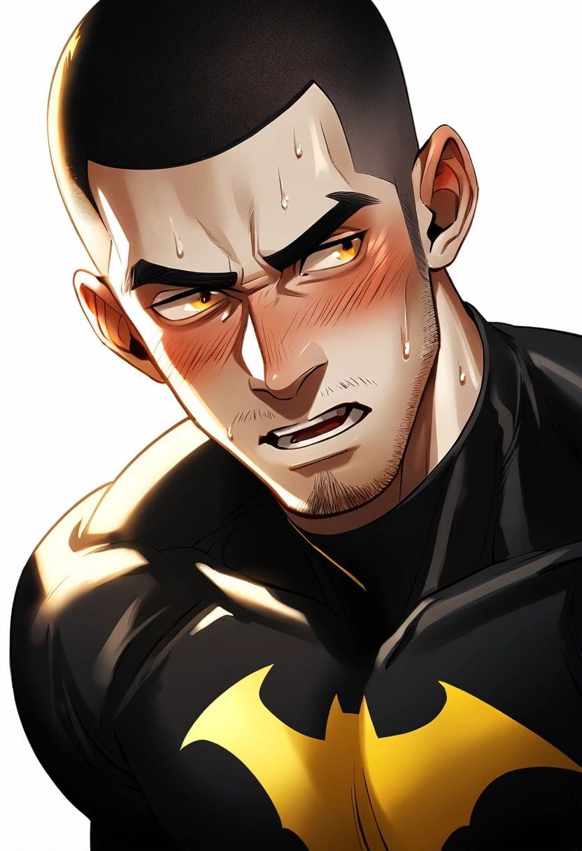 1muscular sportsman, Athlete,male focus, Buzz Cut, Yellow and black Batman tight T-shirt, one ,Very tight, muscular male, muscular, only, Upper body, alone, look to the side, short hair, stubble, sweat, black hair, Yellow eyes, open lips, White background, simple background, amazing quality, best aesthetics, Ridiculous, crew cut, moaning, blush, clair obscur, cinematic lighting, best quality, textured skin
