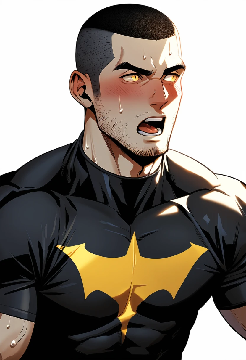 1muscular sportsman, Athlete,male focus, Buzz Cut, Yellow and black Batman tight T-shirt, one ,Very tight, muscular male, muscular, only, Upper body, alone, look to the side, short hair, stubble, sweat, black hair, Yellow eyes, open lips, White background, simple background, amazing quality, best aesthetics, Ridiculous, crew cut, moaning, blush, clair obscur, cinematic lighting, best quality, textured skin