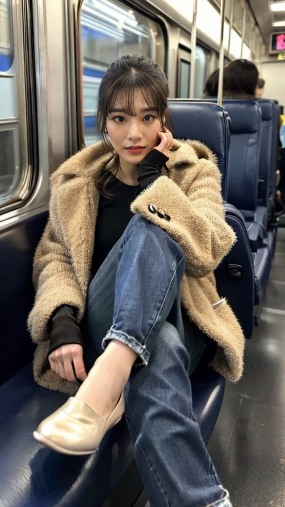 A full-body photo of a mature Japanese gal with flashy hair wearing pumps, a cute fur coat, and shiny, thin, short black leather gloves.,sitting cross-legged,Five fingers,Inside the train,Voyeur,Heavy makeup face eyeshadow,mascara,cross the her legs,Ultra-detailed face, open eyes,((Legs crossed)).Smelly black socks,Skinny denim pants style,She looks at the photographer with an inviting expression.,This photo was taken in daylight with soft lighting..、sitting in a subway train seat.。. This photo was taken by someone on their cell phone..、Apparently it was posted on Snapchat.。.
