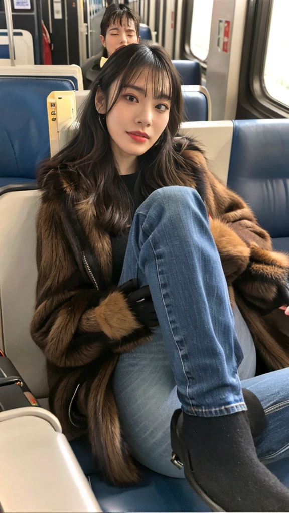 A full-body photo of a mature Japanese gal with flashy hair wearing pumps, a cute fur coat, and shiny, thin, short black leather gloves.,sitting cross-legged,Five fingers,Inside the train,Voyeur,Heavy makeup face eyeshadow,mascara,cross the her legs,Ultra-detailed face, open eyes,((Legs crossed)).Smelly black socks,Skinny denim pants style,She looks at the photographer with an inviting expression.,This photo was taken in daylight with soft lighting..、sitting in a subway train seat.。. This photo was taken by someone on their cell phone..、Apparently it was posted on Snapchat.。. 