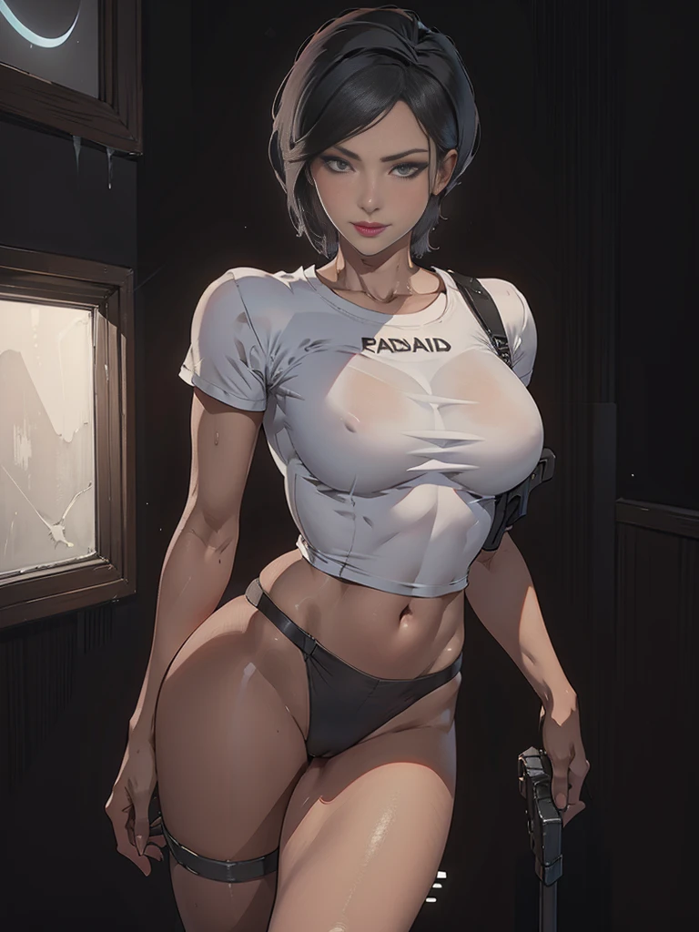 BLKD, black panties that says blacked on it, (bathroom background), (disorganized, High resolution, Super detailed), masterpiece, Ada Wong (resident evil), ((alone)), short hair, 1 girl, (((wearing a white tshirt))), (black panty), (((black thong))), closed mouth, standing, (((detailed lips))), ((realistic skin)), glowing skin, ((glossy red lips)), portrait, beautiful, smile, Normal skin,
