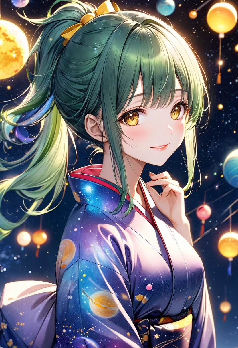 (Tanabata festival style), (in the detailed beautiful night, best sky of Galaxy), (solo:2, 15 yo, ponytail green hair long hair cute girl, sexy yellow eyes, glossy lips, love smile, medium tits, looking at sky), (in a cute yukata), break, background detailed Universe and Meteor shower, BREAK, perfect anatomy, masterpiece, best quality, 16k, beautiful detailed galaxy, daydreaming expression.