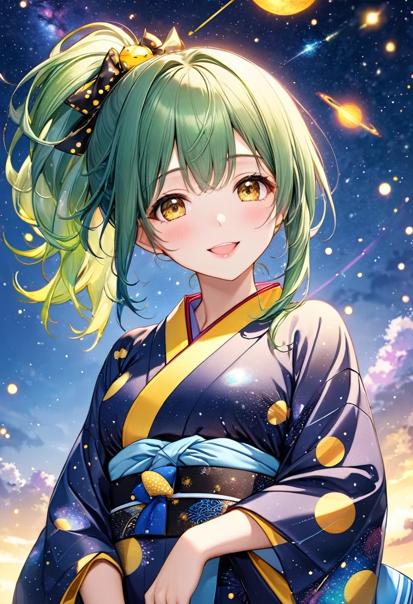 (Tanabata festival style), (in the detailed beautiful night, best sky of Galaxy), (solo:2,  yo, ponytail green hair long hair cute girl, sexy yellow eyes, glossy lips, love smile, medium tits, looking at sky), (in a cute yukata), break, background detailed Universe and Meteor shower, BREAK, perfect anatomy, masterpiece, best quality, 16k, beautiful detailed galaxy, daydreaming expression.