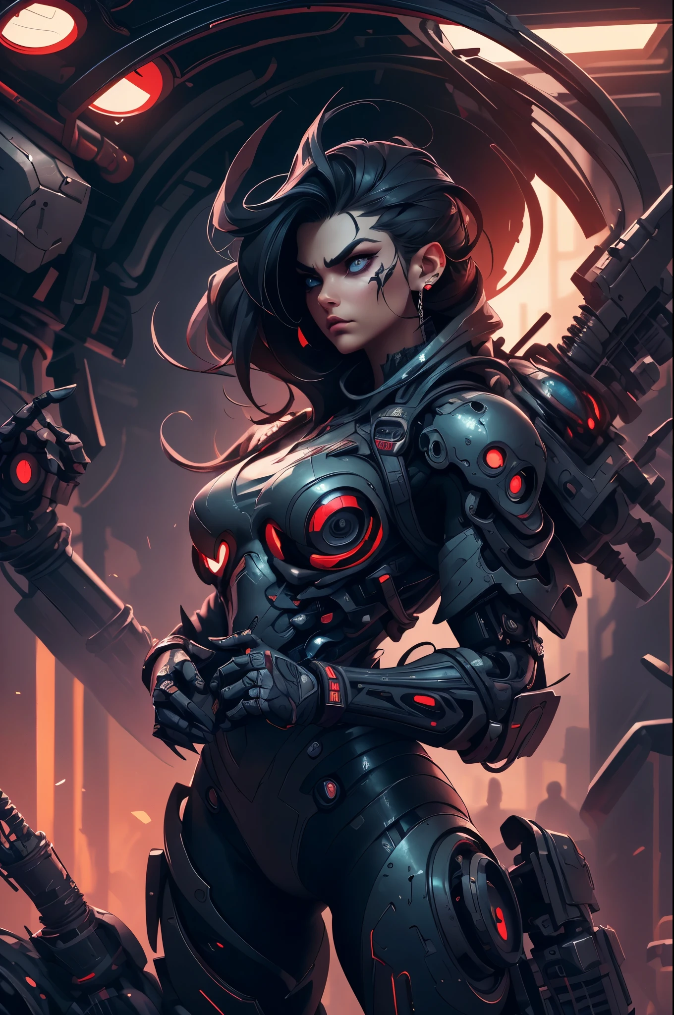 a close up of a robot in a building with a sunglasses on, cyberpunk flame suit, cyberpunk armor, cyberpunk suit, sci - fi suit, intricate cyberpunk armor, cybernetic fire armor, a large titan face, attack on titan, ultra detailed, highly realistic, photorealistic, 8k, 4k, hyper-realistic, realistic skin texture, extremely detailed facial features, piercing eyes, sharp nose, full lips, detailed musculature, intimidating expression, dark brooding atmosphere, dramatic lighting, moody shadows, cinematic composition, gritty, dystopian, dark fantasy