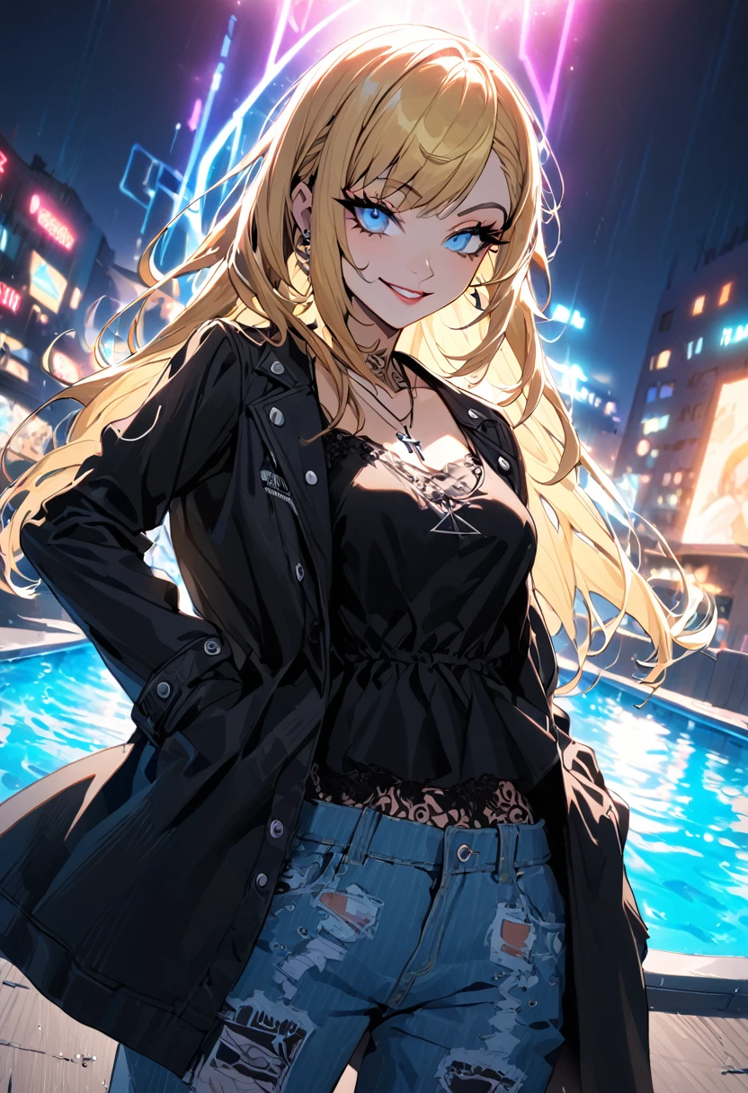 1 girl, Holo-Punk style, hair blonde, blue eyes pool, aretes, eyelash, ssmile, beachfront, jewerly, lips, make up, cross necklace, chemise, long hair, manga curta, ssmile, standing alone, large open black jacket, chemise branca , tatoo, large breasted, teeths, denim trousers, black chemise, Fake Falcon, punk aesthetic, cinematic angle, foreshortening, tenebrosa, tenebrosa background, cinematic lighting, work of art, best qualityer
