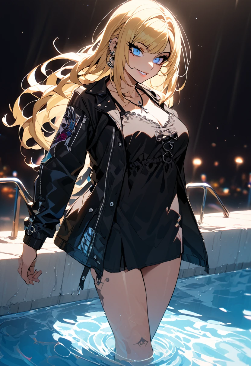 1 girl, Holo-Punk style, hair blonde, blue eyes pool, aretes, eyelash, ssmile, beachfront, jewerly, lips, make up, cross necklace, chemise, long hair, manga curta, ssmile, standing alone, large open black jacket, chemise branca , tatoo, large breasted, teeths, denim trousers, black chemise, Fake Falcon, punk aesthetic, cinematic angle, foreshortening, tenebrosa, tenebrosa background, cinematic lighting, work of art, best qualityer
