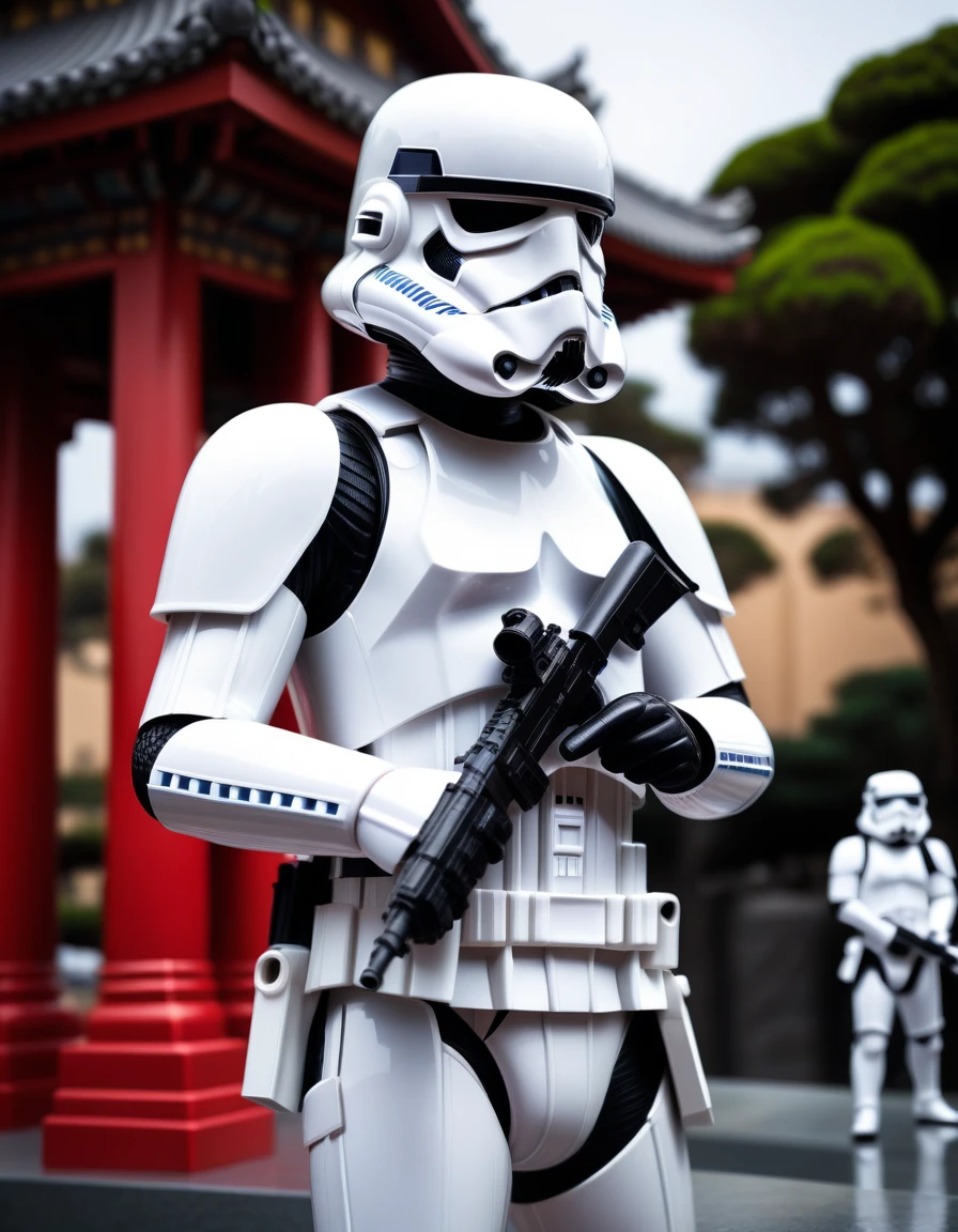 RAW Photos, Tilt Shift, sf, Stormtrooper, [bold contrasts],  Sharp focus, Temple Background, A broad perspective