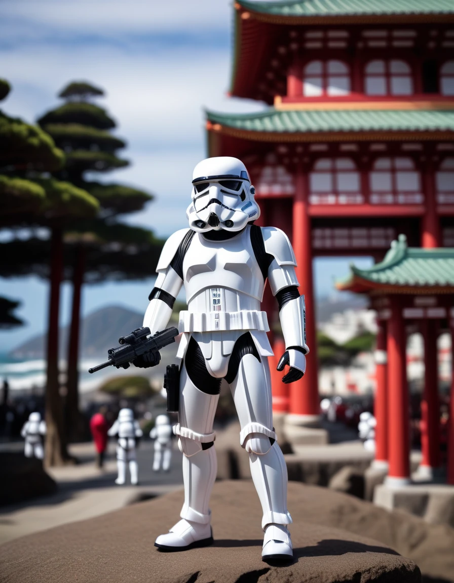 RAW Photos, Tilt Shift, sf, Stormtrooper, [bold contrasts],  Sharp focus, Temple Background, A broad perspective