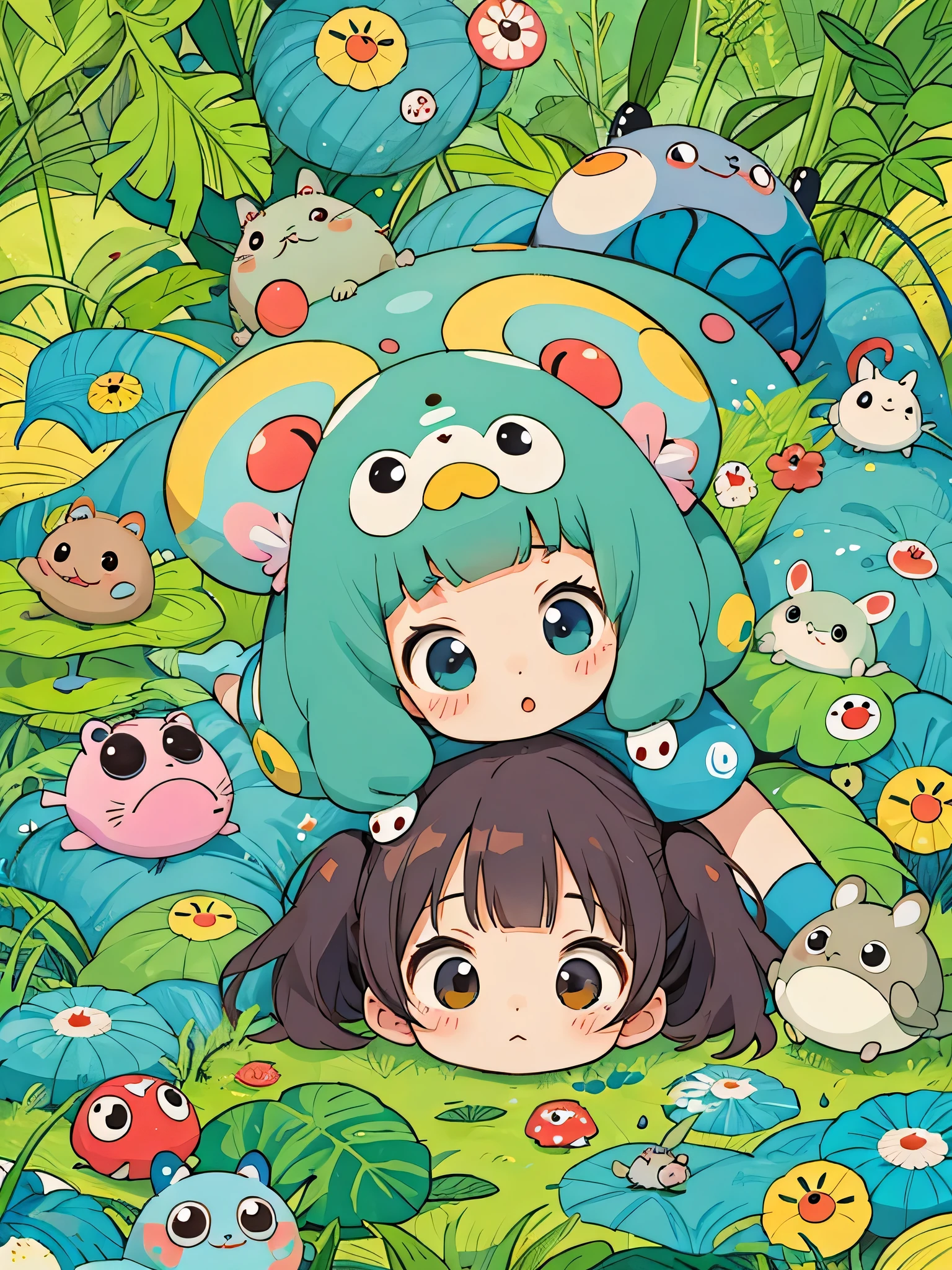 Takashi Murakami style, Kawaii Design, The most beautiful girl of all time、Chibi, Colorful and cute pillbugs, Totoro Forest