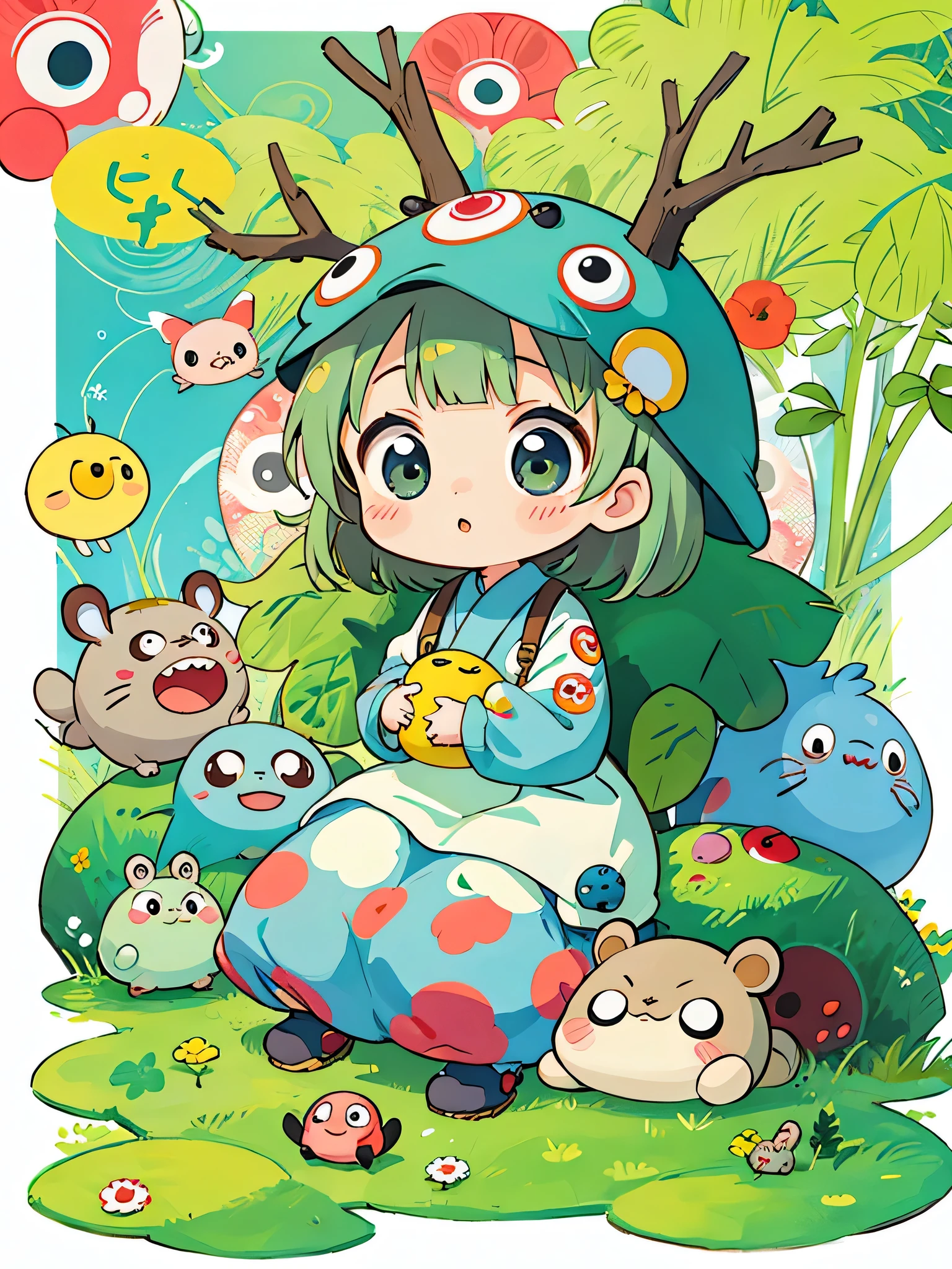 Takashi Murakami style, Kawaii Design, The most beautiful girl of all time、Chibi, Colorful and cute pillbugs, Totoro Forest