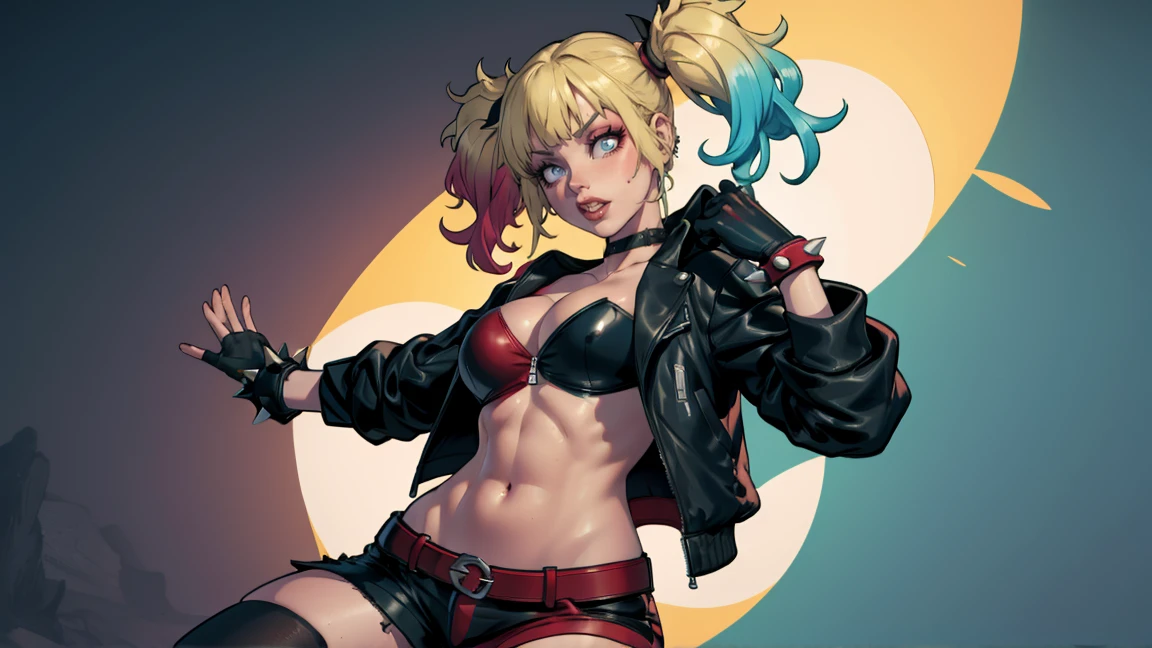 work of art, best qualityer, ultra detali), dynamic pose, dynamic lighting, Looking at Viewer, Linda, ultra realistic,32k, work of art:1.2),(highly detailed skin:1.1),( 8k hd, dslr, high qualiy:1.1), perfect body,harley quinn, bangs, blue eyes, blonde hair, twintails, blue hair, multicolored hair, choker, gradient hair, makeup, piercing, pink hair, lips, lipstick, red lips, thighhighs, gloves, navel, cleavage, jewelry, jacket, open clothes, shorts, black gloves, midriff, black thighhighs, fingerless gloves, collar, bracelet, open jacket, black jacket, crop top, torn clothes, short shorts, tattoo, chain, spikes, cropped jacket, spiked bracelet, spiked collar, micro shorts, multicolored jacket,(melhor iluminação), ((iluminação cinematográfica)),ângulo sugestivo,iluminação sexy, riso confiante,de cima:1.4 , deitada,vista de costas olhando para o viewer,very cute, pose sugestiva, pose dinâmica, sentada, agachada,