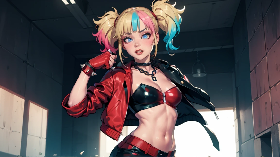 work of art, best qualityer, ultra detali), dynamic pose, dynamic lighting, Looking at Viewer, Linda, ultra realistic,32k, work of art:1.2),(highly detailed skin:1.1),( 8k hd, dslr, high qualiy:1.1), perfect body,harley quinn, bangs, blue eyes, blonde hair, twintails, blue hair, multicolored hair, choker, gradient hair, makeup, piercing, pink hair, lips, lipstick, red lips, thighhighs, gloves, navel, cleavage, jewelry, jacket, open clothes, shorts, black gloves, midriff, black thighhighs, fingerless gloves, collar, bracelet, open jacket, black jacket, crop top, torn clothes, short shorts, tattoo, chain, spikes, cropped jacket, spiked bracelet, spiked collar, micro shorts, multicolored jacket,(melhor iluminação), ((iluminação cinematográfica)),ângulo sugestivo,iluminação sexy, riso confiante,de cima:1.4 , deitada,vista de costas olhando para o viewer,very cute, pose sugestiva, pose dinâmica, sentada, agachada,