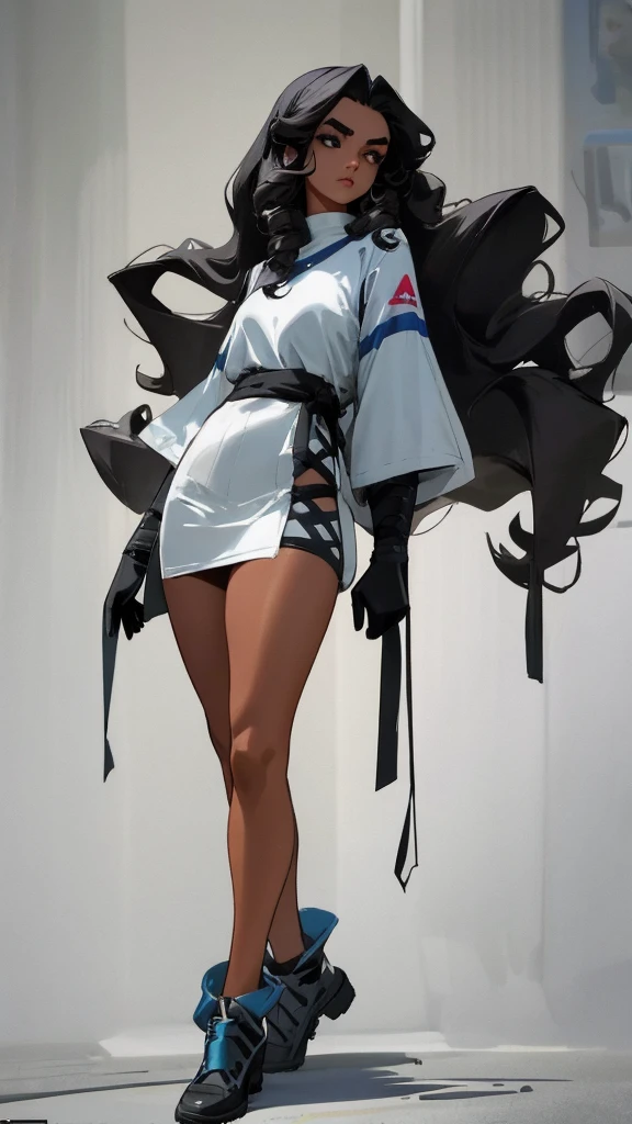 A 24-year-old woman with a full-body, ultra-realistic 8K portrait is walking down the street. She has a small face with small, intense black eyes, thick eyebrows, a small and thin mouth, and slightly bronzed skin. Her long, heavy, and curly black hair cascades down. She has large busts and thick legs. Standing at 1.57m tall, she has a beautiful and intimidating presence. Behind her, Jesus is depicted watching over her, protecting her from surrounding demons.