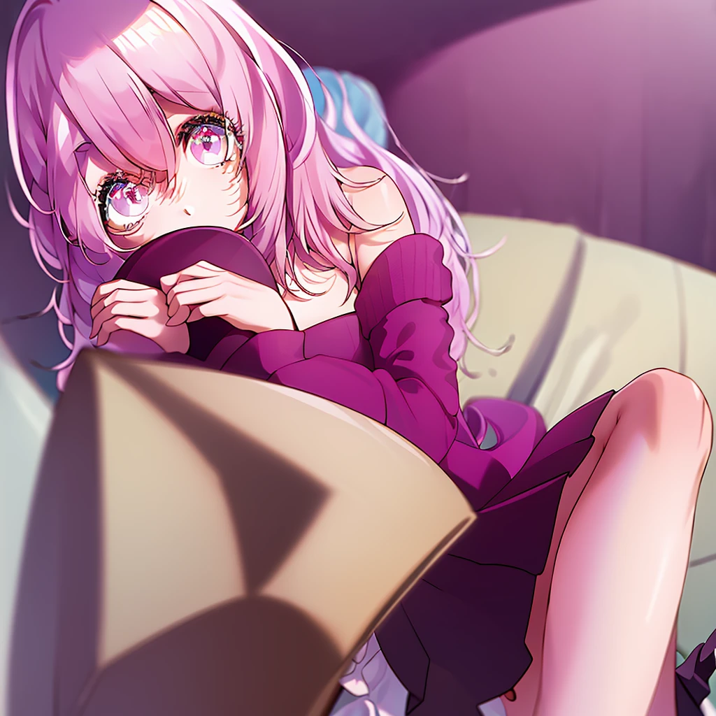 A beautiful young girl from the anime Oshi no Ko universe, 14 years old, she have long wavy pink hair with purple eyes with star in her pupils she wear casual clothes like a sweater too long for her, a skirt and stocking, she is in her bed room sitting on her bed in front of us, she have a enormous chest