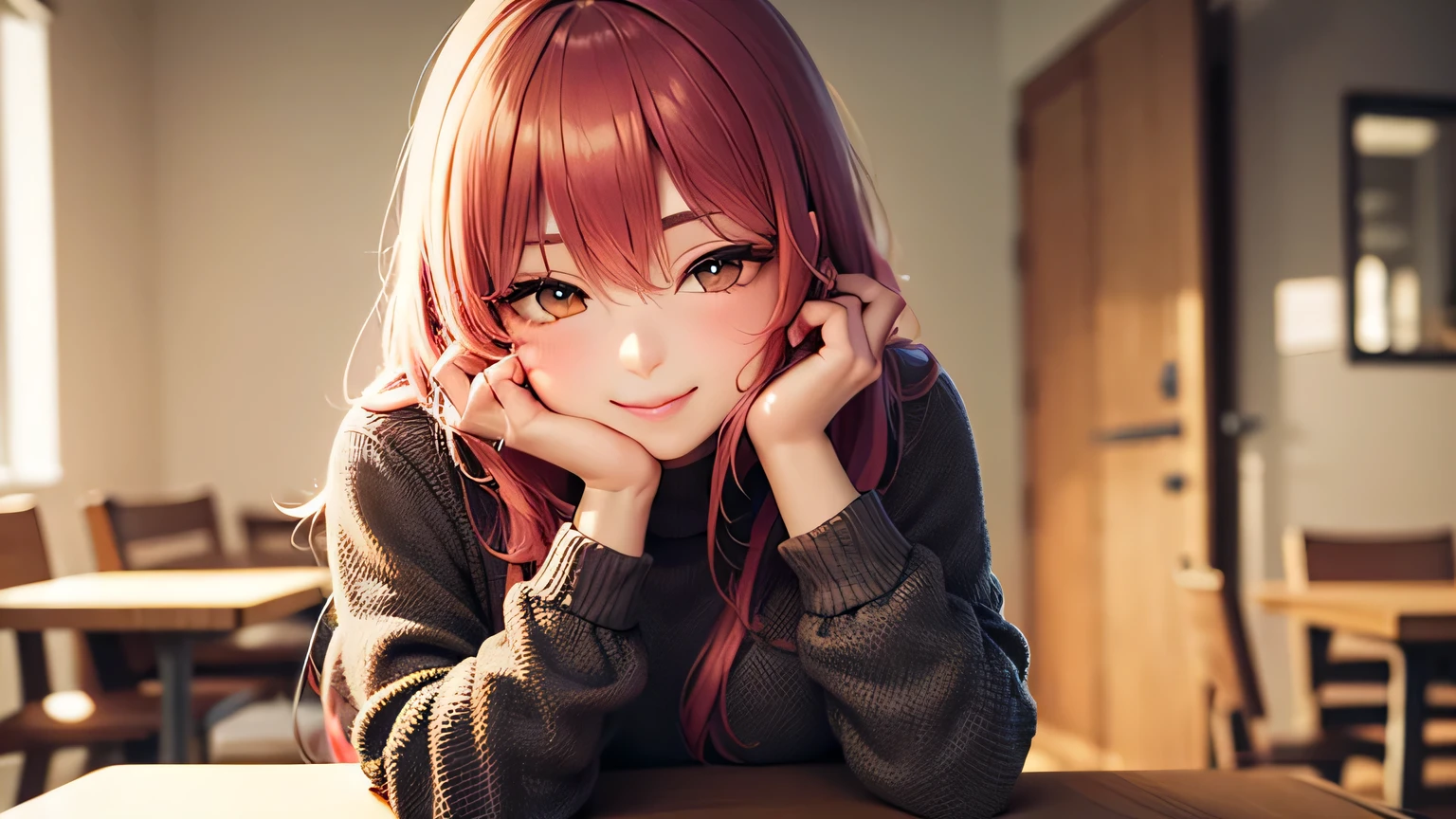 One girl, alone, Pink Hair, cup, View your viewers, Long Hair, Holding, sweater, disposable cup, Hair between the eyes, eyelash, coffee cup, Headrest, bangs, Yellow Eyes, Holding cup, Manicure, Upper Body, ピンクのnail, indoor, smile, white sweater, nail, Brown eyes, Blurred, Mouth closed, Sitting, put your hand on your face
